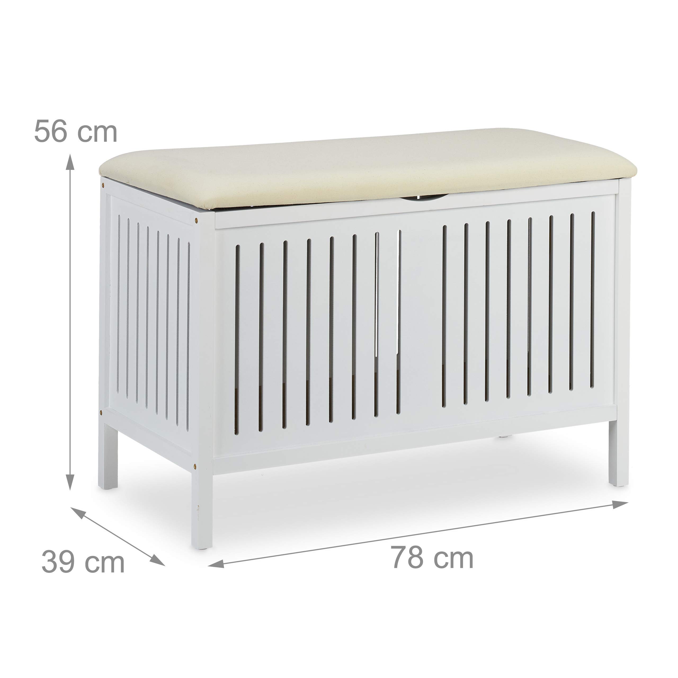 Relaxdays Ławka do siedzenia z miejscem do przechowywania, wyściełana, 80 l schowek, styl wiejski, drewno, skrzynia do siedzenia wys. x szer. x gł.: 56 x 78 x 39 cm, biała