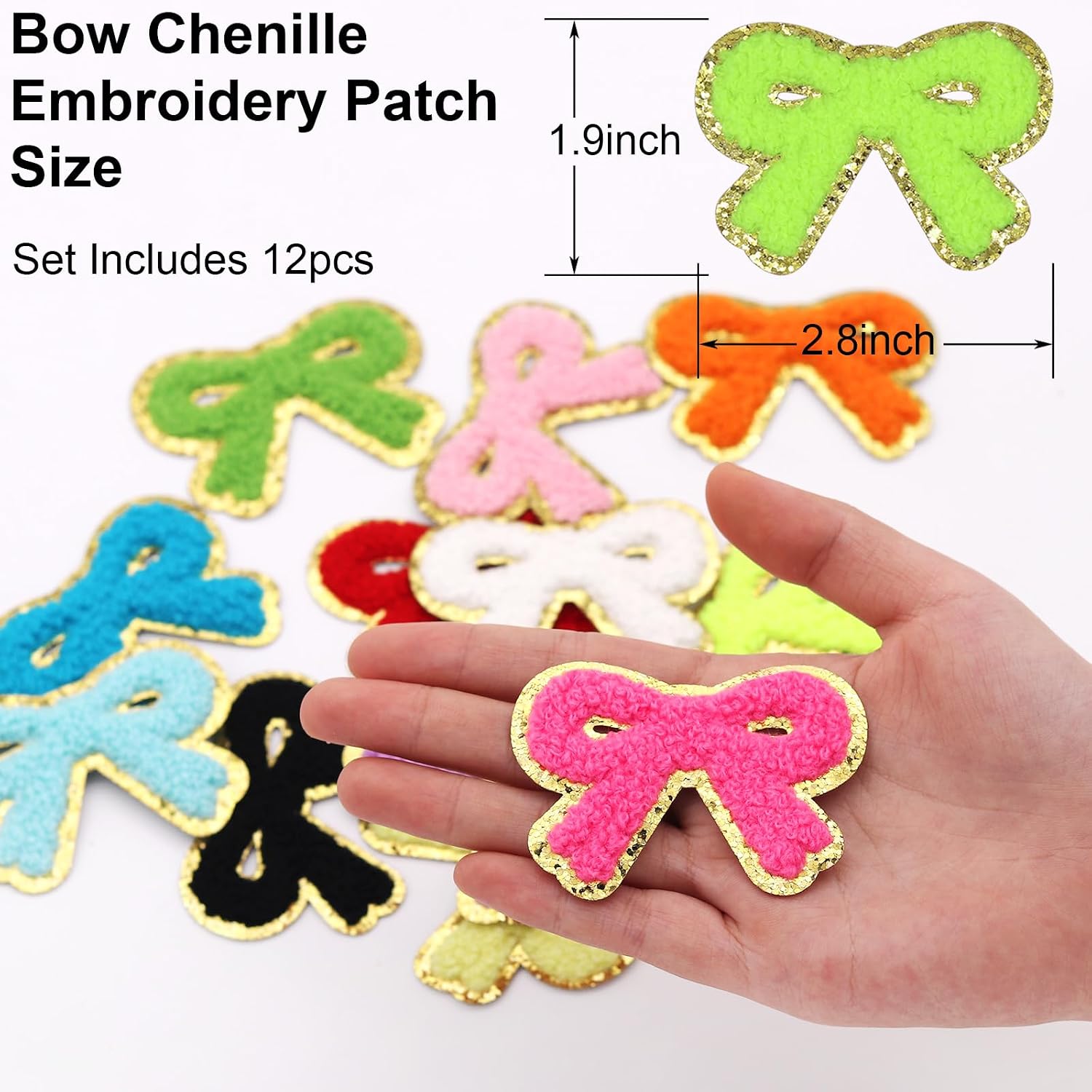 12pcs Bow Iron on Patches Embroidered Motif Applique Deco Sew on Patches Gold Edges Chenille Bow Embroidered Patches for Clothing, Jeans, Arts Craft Sew Making (Bow 12pcs) image 2