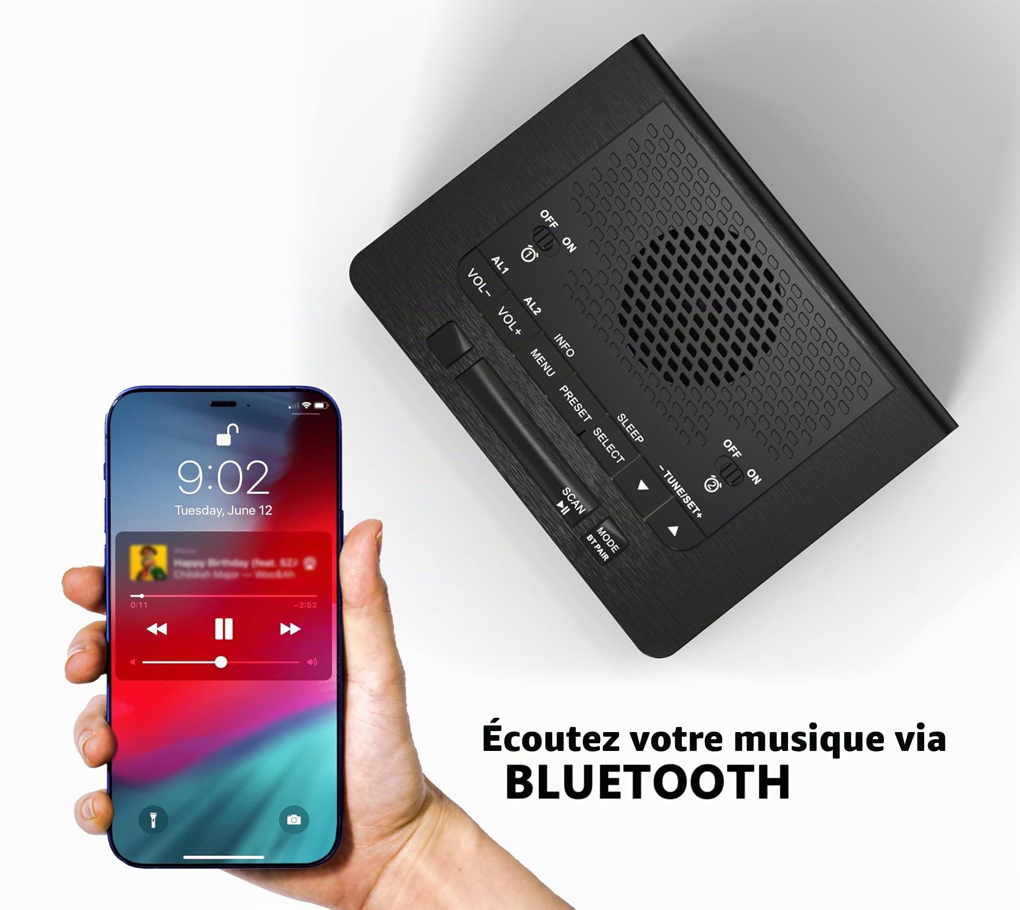 iTOMA Réveil Radio Dab et FM avec 40 Stations préréglées, écran LCD dimmable, Double réveil avec Bouton on/Off, Snooze, Bluetooth 525