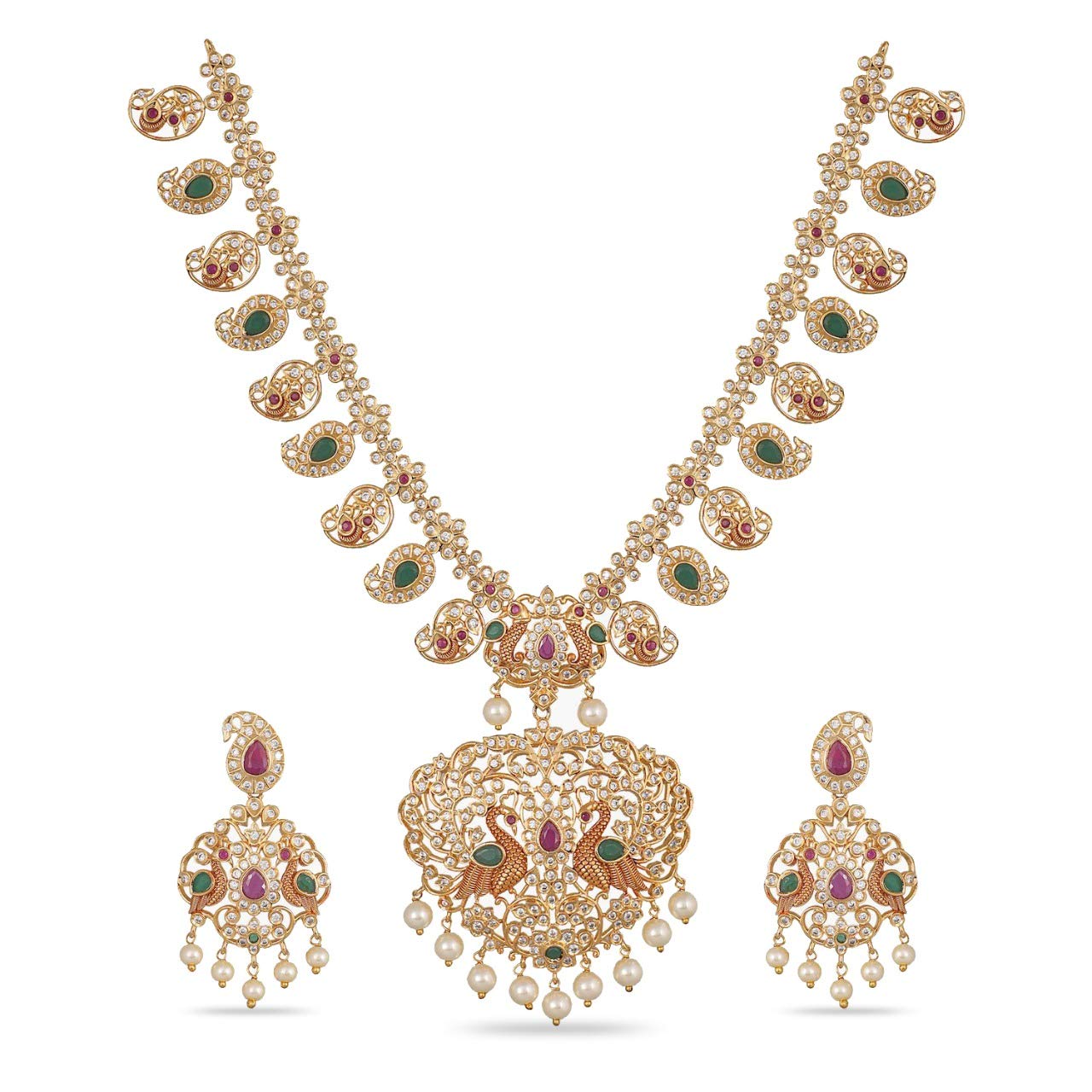 Tarinika Antique Panchi Gold Plated Indian Jewelry Set with Necklace and Earrings - White Red Green