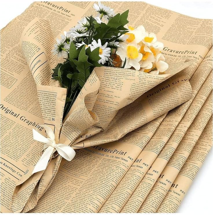 Miniatura 8 de RUSPEPA 20 hojas de papel de estraza de papel de regalo de flores, papel de ramo floral reversible, diseño de papel kraft de papel de periódico de