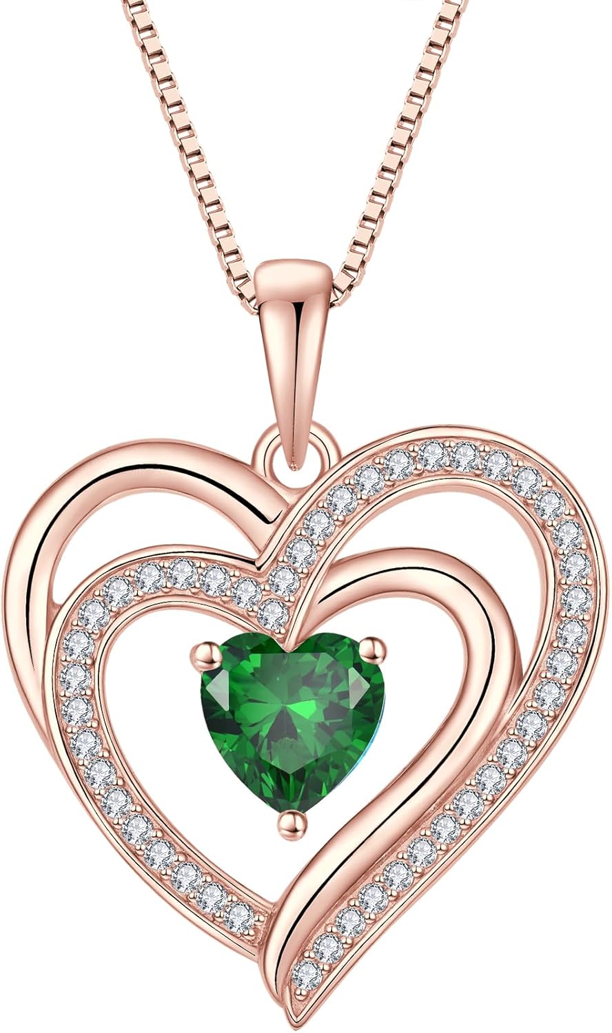 Rose Gold Plated Love Heart Necklace for Women 925 Sterling Silver Birthstone Pendant Necklace Jewelry Gift for Women Her Mom Wife