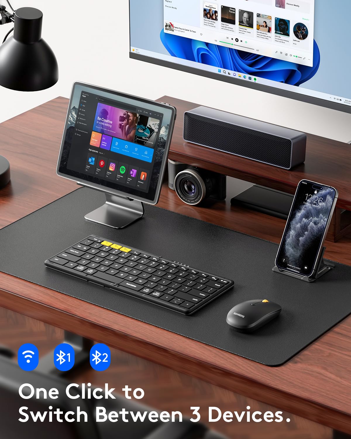 Foldable Keyboard and Mouse, Samsers KM08 Folding Bluetooth Keyboard Mouse Combo, 2.4G + BT5.0 x 2, Full-Size Portable Travel Keyboard & Rechargeable Wireless Mouse for iOS Android Windows Mac OS