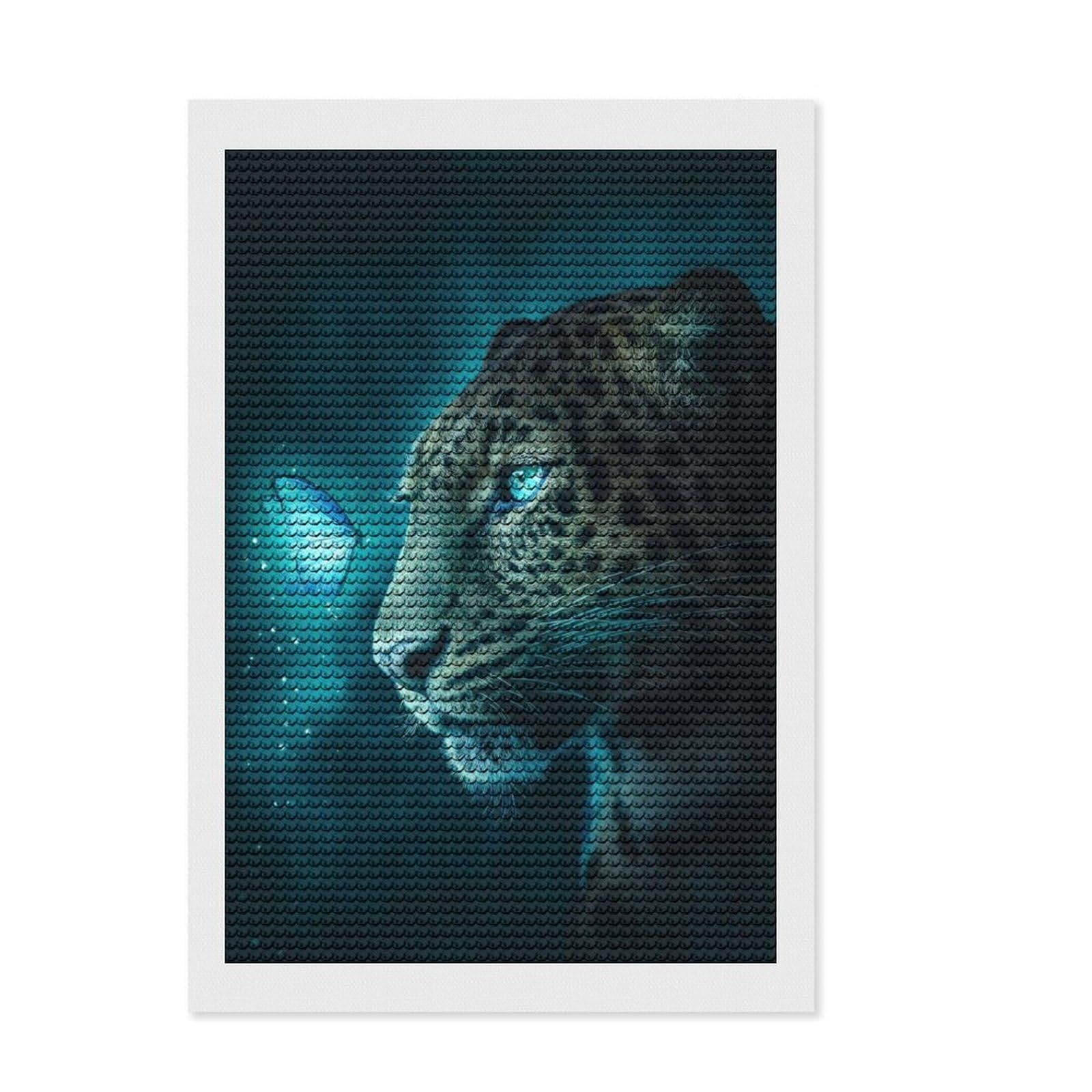 Junmoney Jaguar and Butterfly Diamond Art Canvas 8"x12", Stress Relief Craft, Neat Printed Canvas, Modern Decor, for Family Craft Time