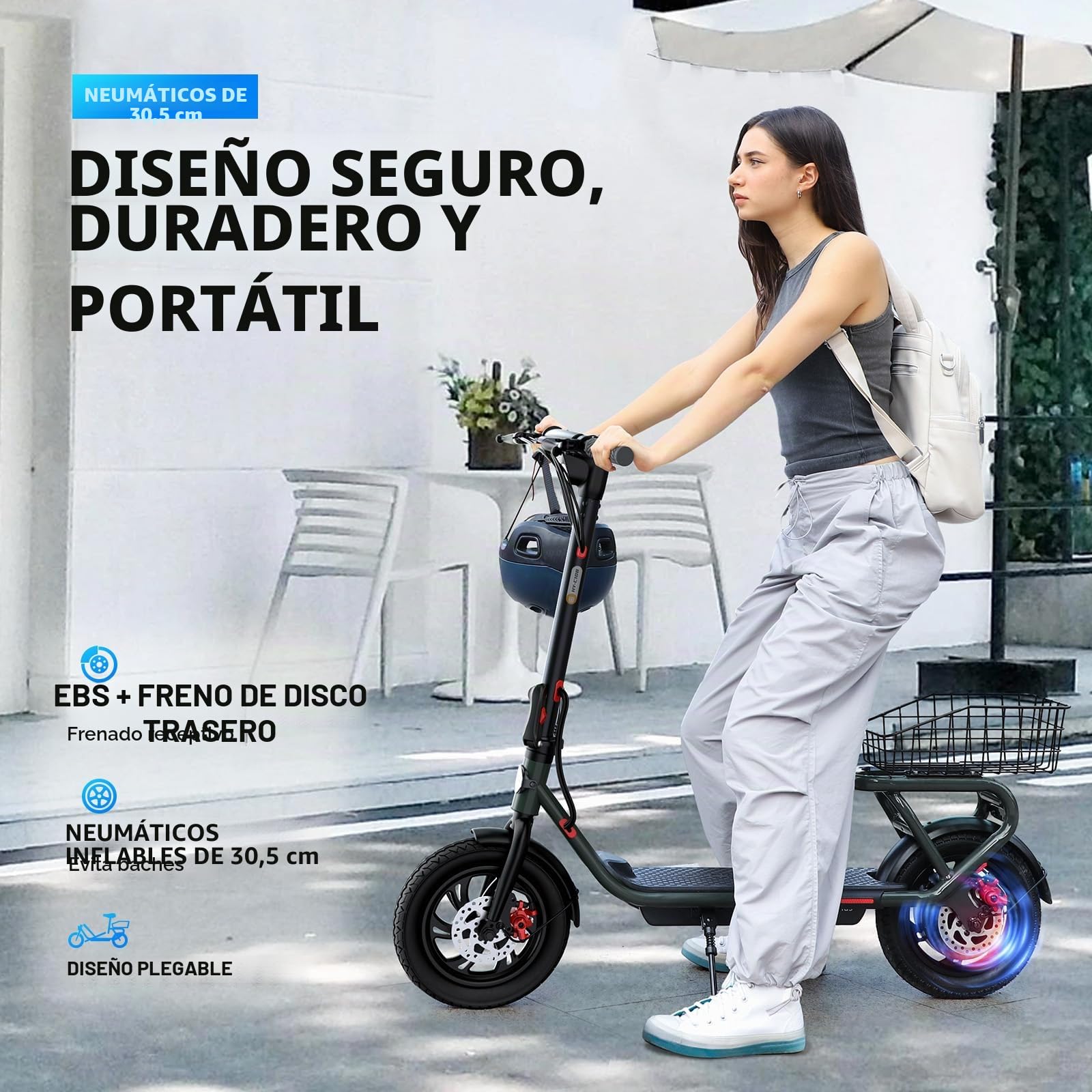 SISIGAD Scooter eléctrico 12 Pulgadas Pasos eléctricos Adultos Plegable E Step con App y Cesta Desmontable, Elecric Scooter 36V 7.8AH batería 25km/h Velocidad 300W Motor, Doble Freno y luz