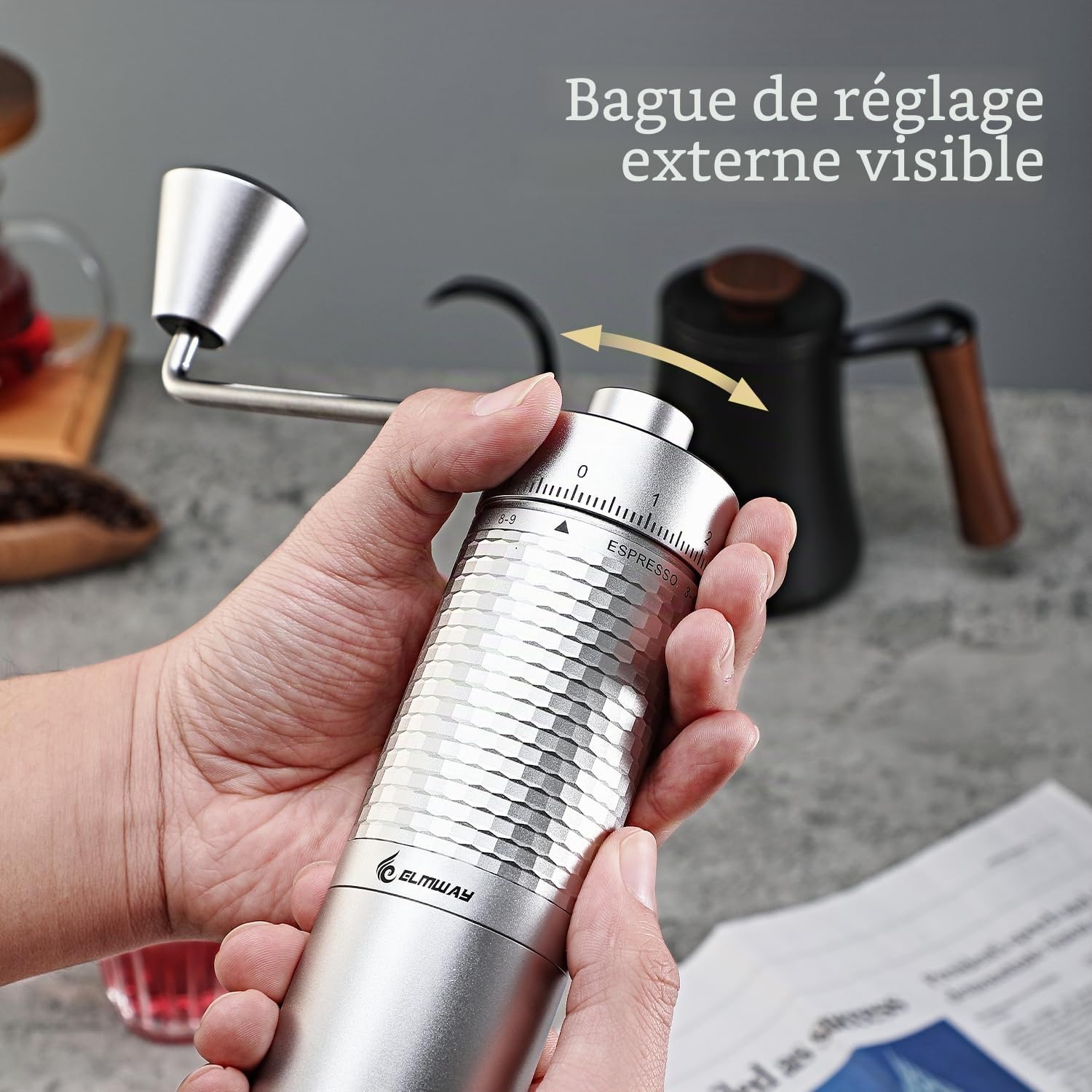 HC03 Moulin à café manuel 7 étoiles en acier inoxydable 440 plaqué titane, réglages de broyage externes simples et réglables pour expresso vers presse française, moulin à café entièrement en
