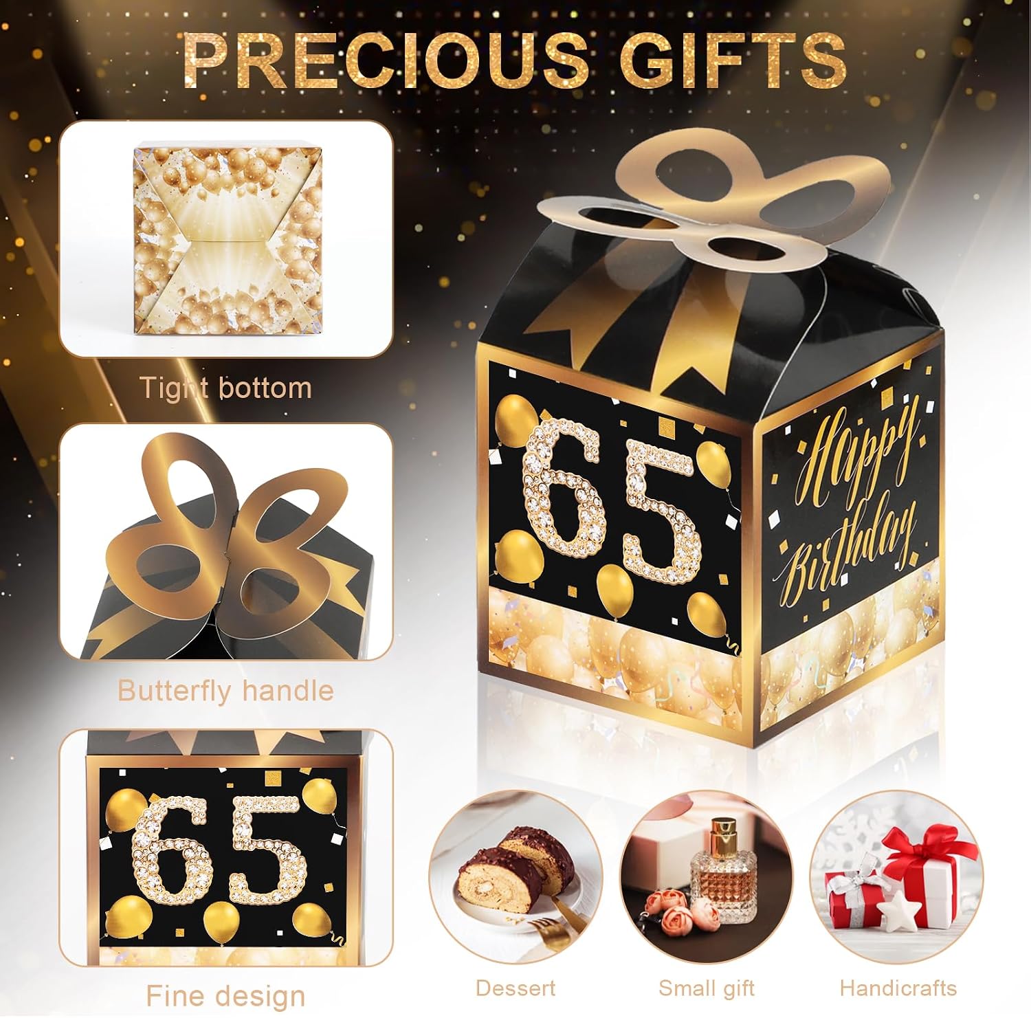 50pcs 65th Birthday Candy Boxes Black Gold Party Favors Anniversary Supply | 50pcs black gold 65th birthday candy boxes for party favors. 3.34x 3.34" party supply to celebrate 65 years old