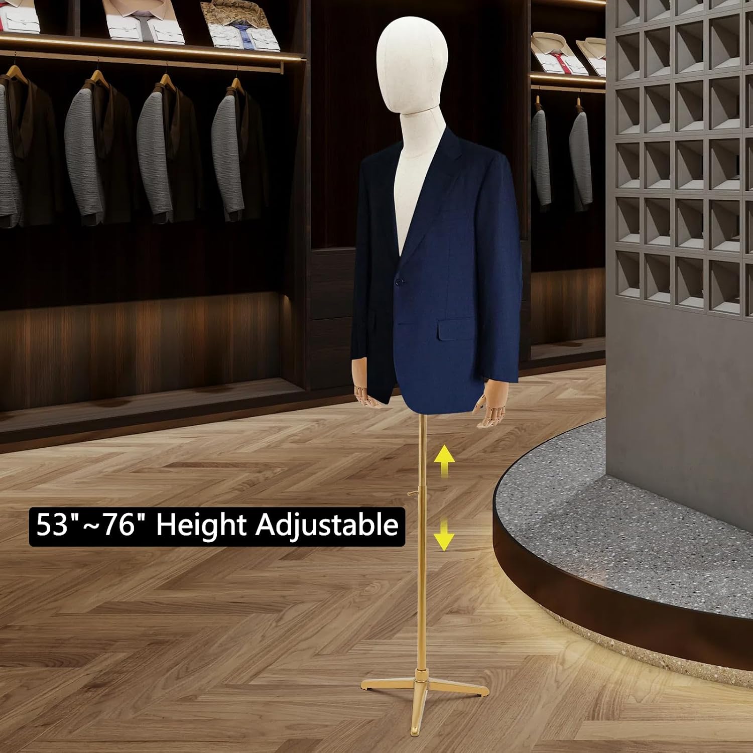 Male Mannequin Torso with Stand & Head Male Dress Form 53"~76" Height Adjustable Body with Tripod Metal Stand, Sewing Mens Mannequin Detachable for Store Display (Gold, 53"~76")