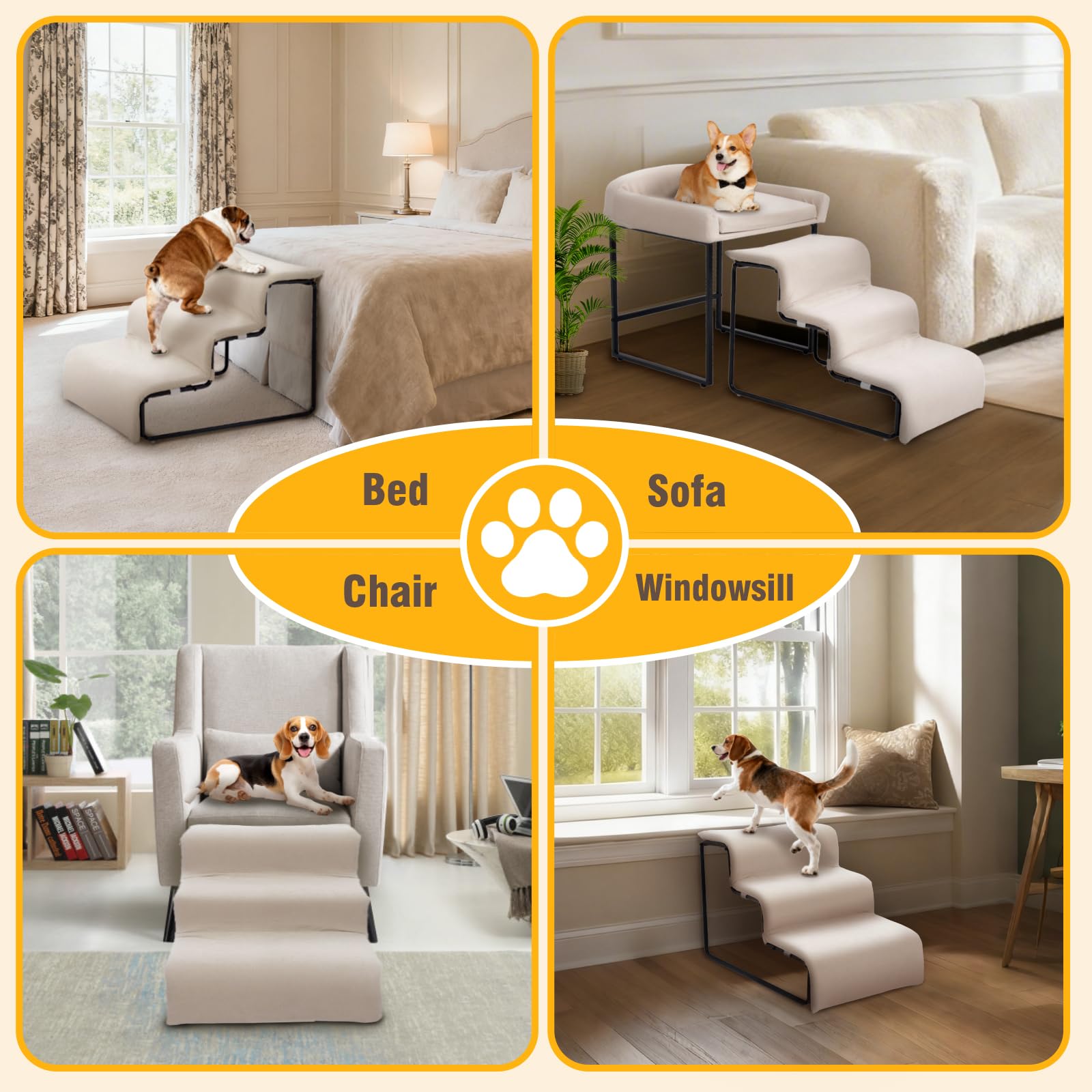 Escaleras para perros con juego de cama para mascotas para ventana, cama, sofá, marco de metal resistente con cojín suave, 3 escalones para perros y percha de ventana para mascotas pequeñas