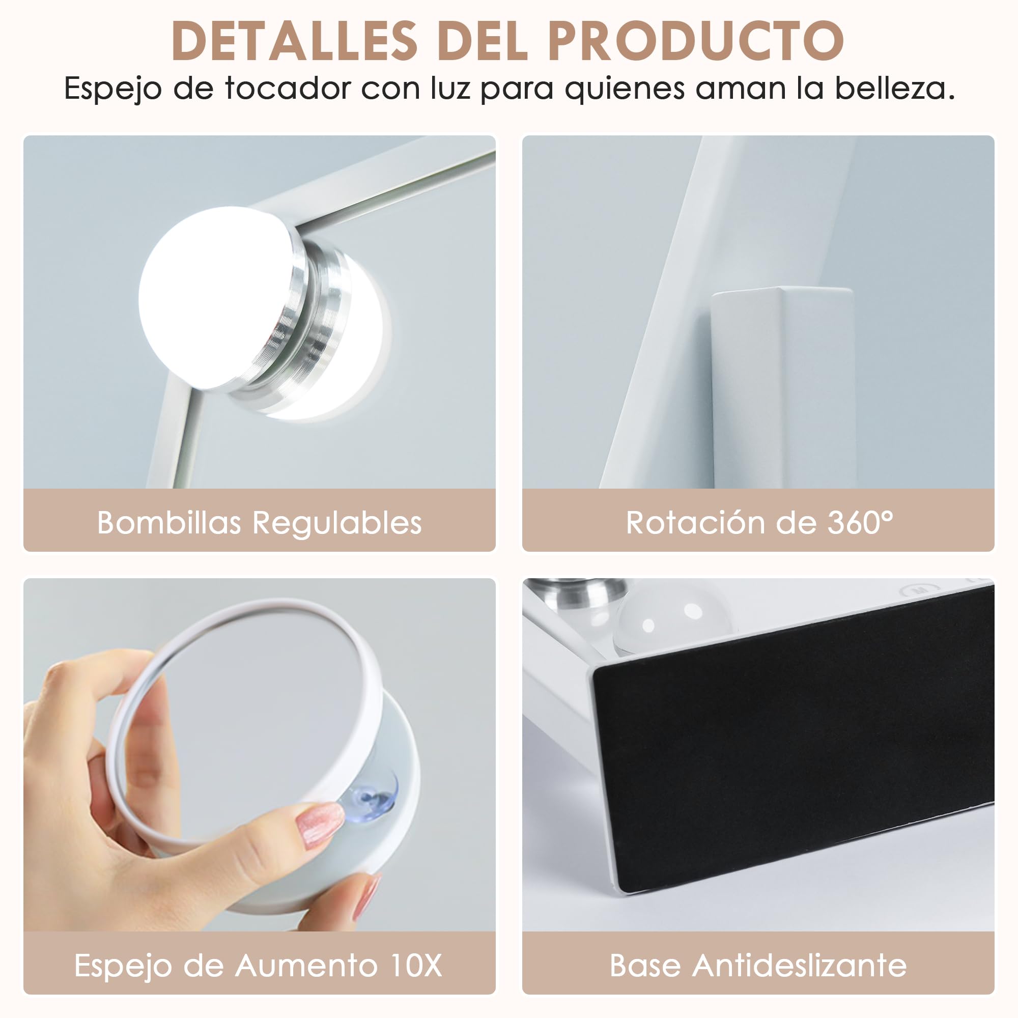 Sucedey Espejo de tocador, Espejo de Maquillaje Hollywood con 12 Bombillas, 3 Modos de Color y Brillo Ajustable, Control táctil, Espejo de Zoom Desmontable de 10X (Blanco)