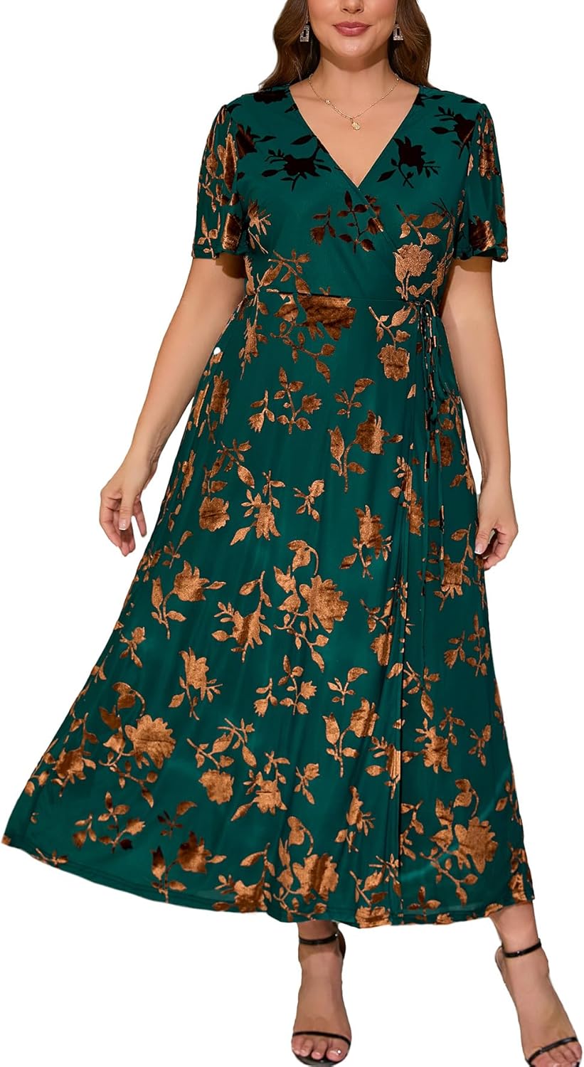 BerryGo Women's Velvet V Neck Wrap Fall Maxi Dress Formal Bell Sleeve Bridesmaid Cocktail Party Long Dresses
