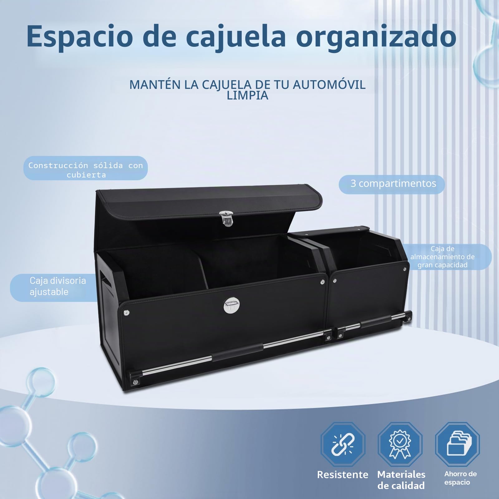 Organizador para Maletero de Coche con Tapa | Caja de Almacenamiento Modular 2 en 1 (con Subcajas) | Tamaño XXL | Asa Estable y Cuero Resistente | Marco ABS (Negro, 104x29x31cm)