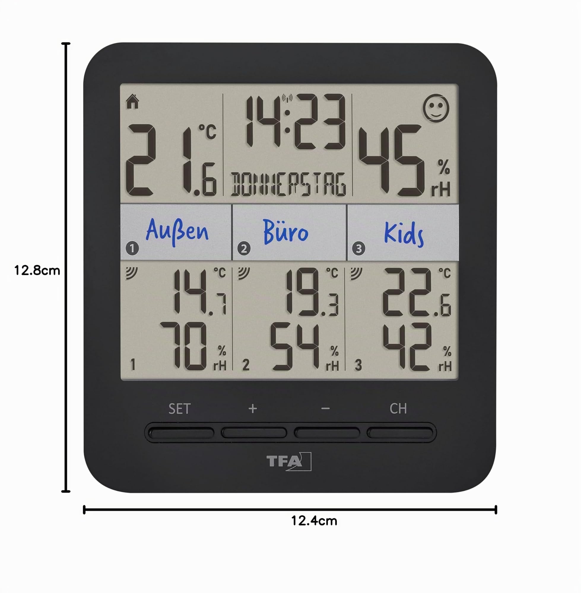 TFA Dostmann Igrometro con sensori multipli wireless Klima@Home 2, 30.3075.01, monitor dell’umidità e temperatura in più stanze, con orologio radiocontrollato e data, ambienti interni e esterni, nero