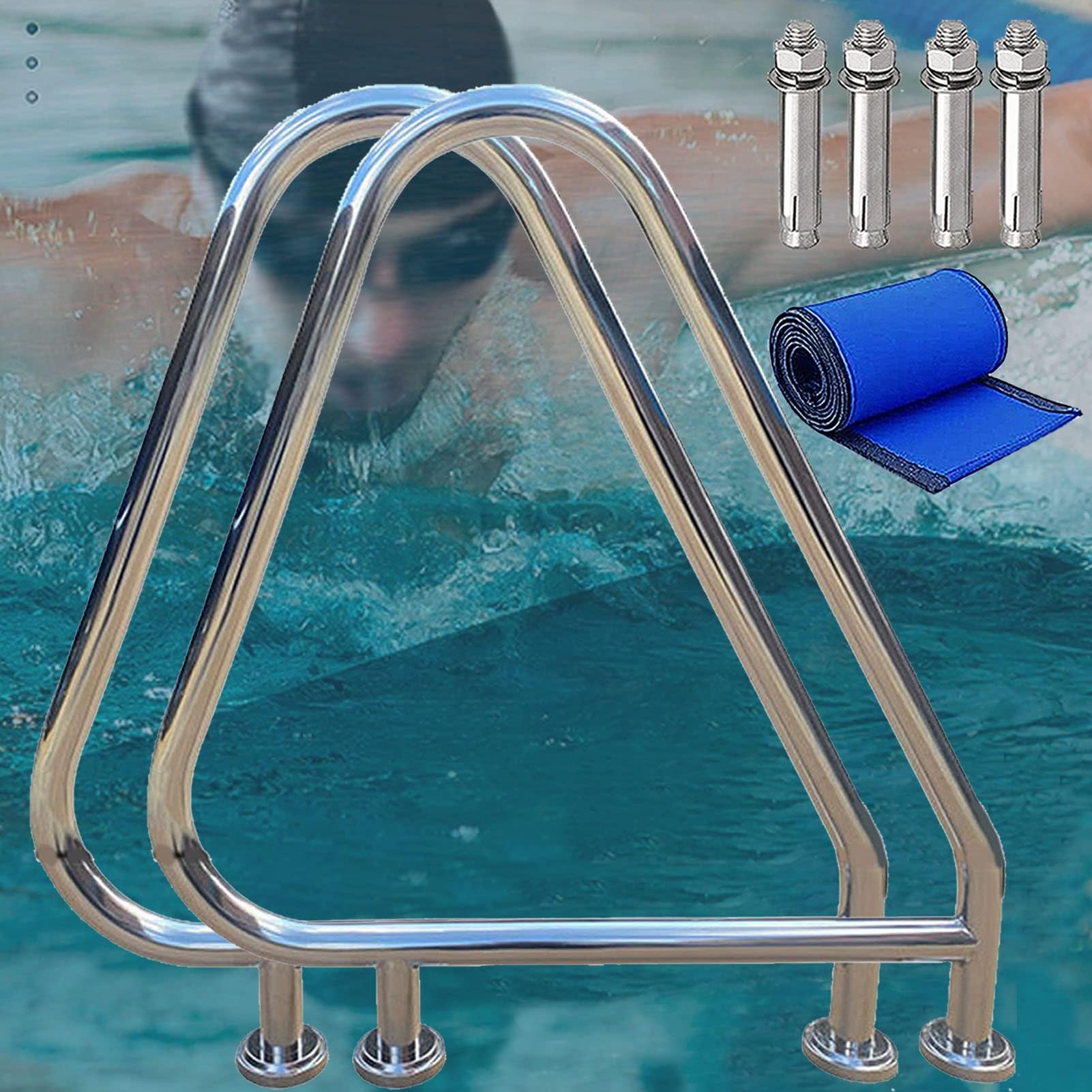 OUYOo Pool Railing 2 Pcs, Swimming Curved Handrail, Non-Slip Pool Hand Grab Rail with Blue Grip Cover, Premium 304 Stainless Steel Rail