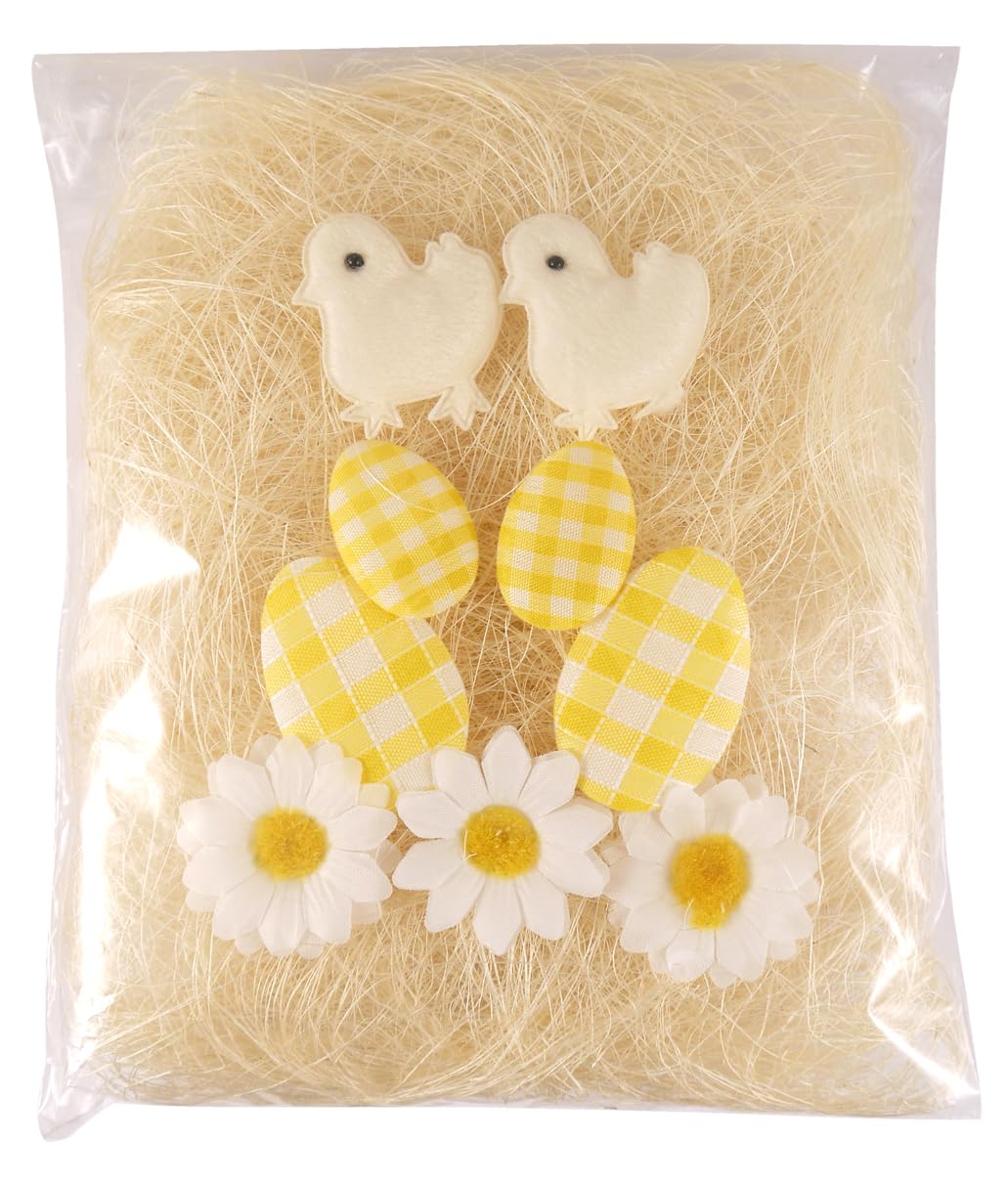 Quickdraw Natural Easter Bonnet Decorating Kit With Eggs Chicks Flowers & Artificial Grass – Diy Easter Hat Craft Kit For Kids School Parade Bonnets Baskets Hampers Decorations – Spring Craft Set Fabric Eggs (Natural)