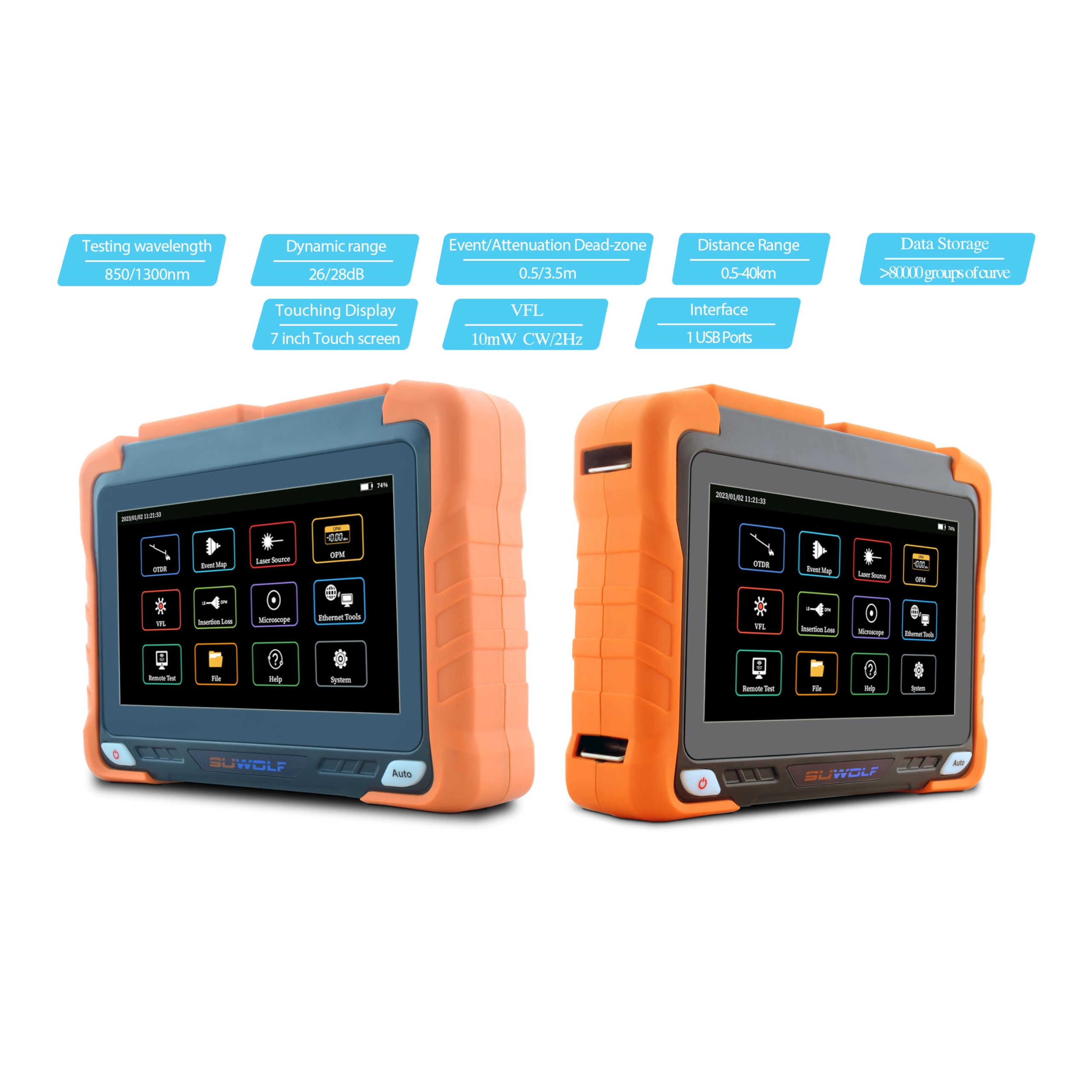 850/1300nm 26/28dB 4 in 1 MM OTDR +VFL+OPM+OLS 7" IPS Touchscreen 120Km OTDR Tester Per Fibra Ottica/Riflettometri Ottici Di Domande Di Tempo Con SC/FC/ST/LC UPC&APC Adattatore (OTDR62F-M1)
