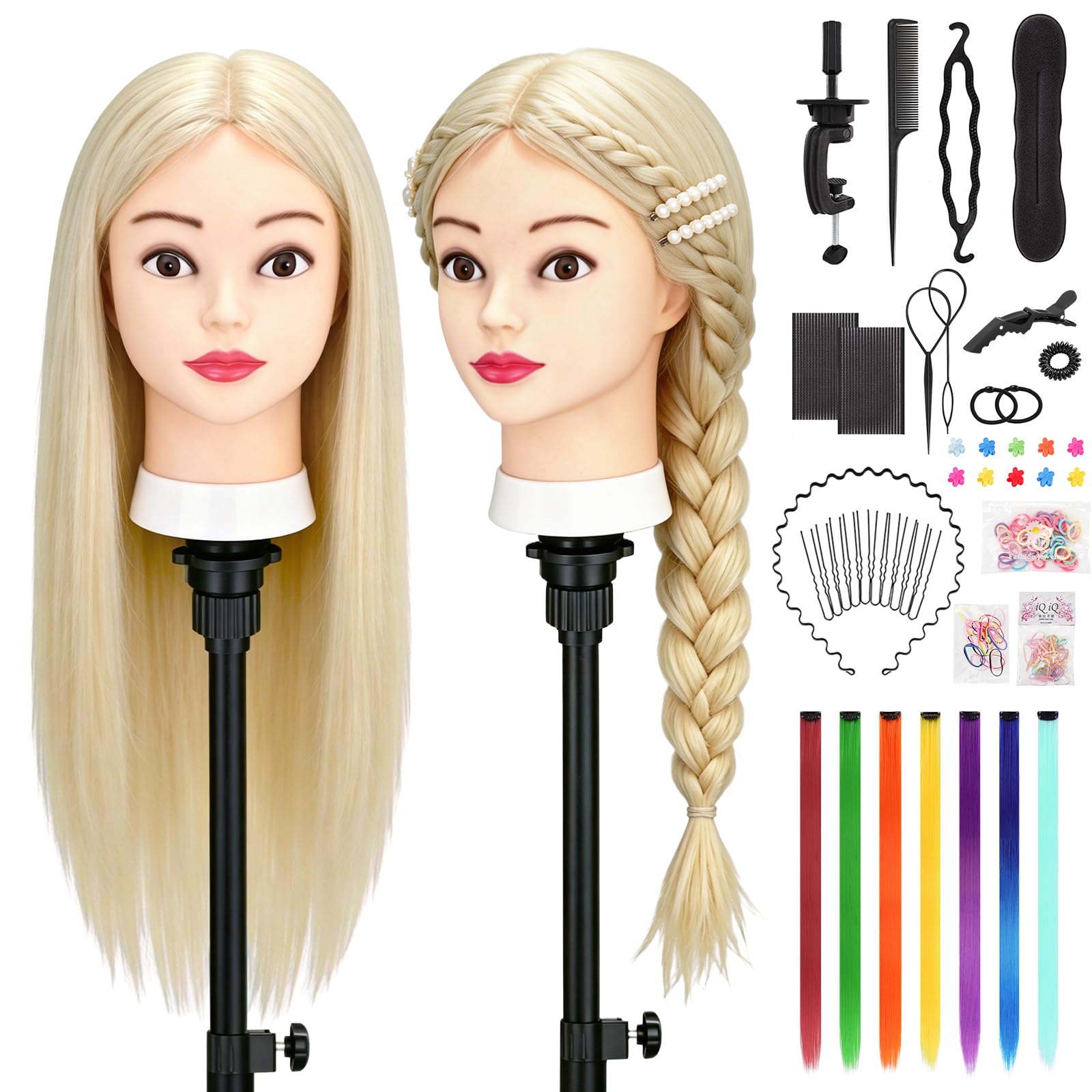 Yofuly 26 Zoll Trainingsköpfe 80% Echthaar Schaufensterpuppenkopf mit Tischklemme DIY-Haarzopf-Set weiß