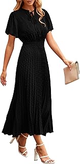 Womens Summer Midi Dresses Puff Short Sleeve V Neck Swiss Dot Pleated A Line Flowy Long Wedding Guest Dress - Buy now