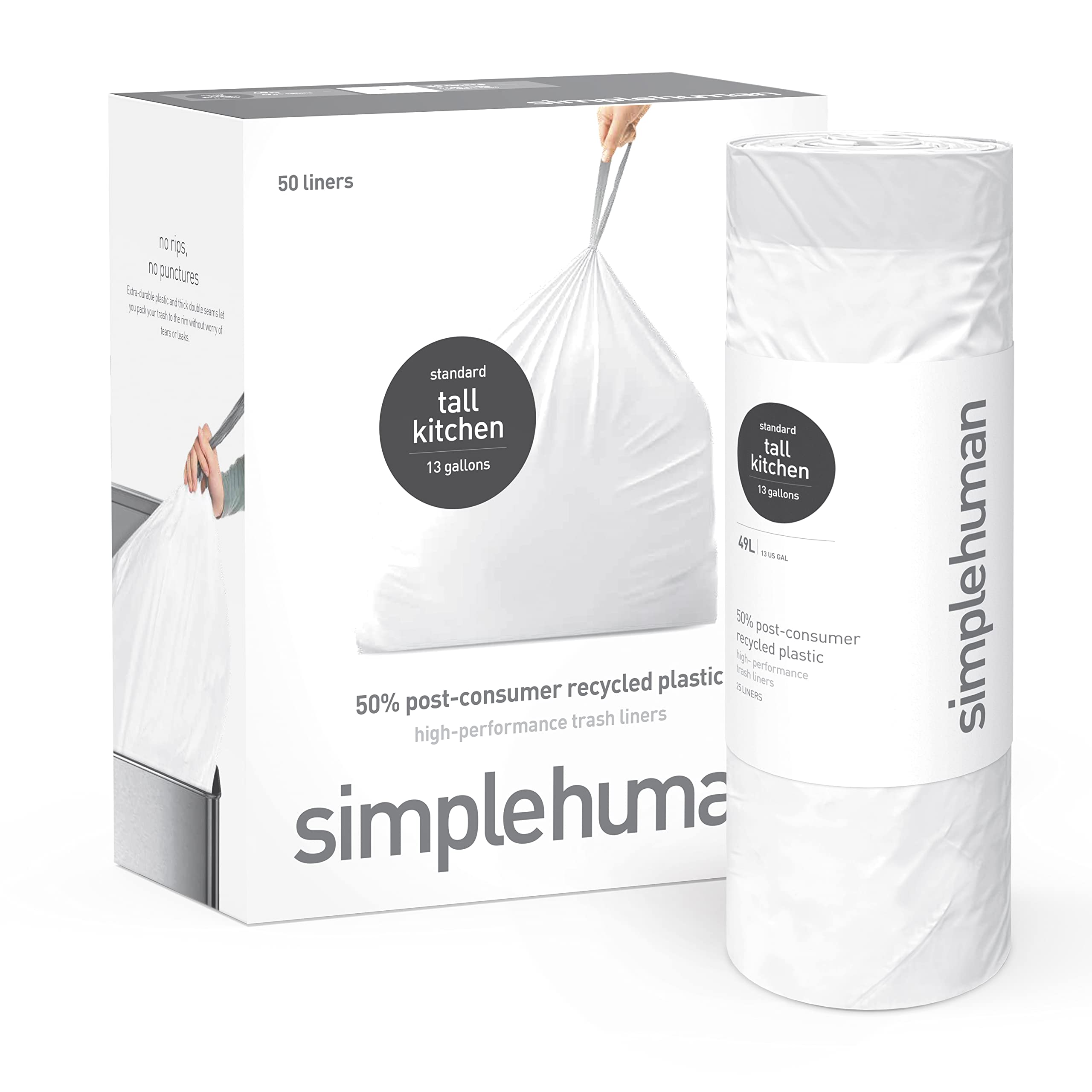 simplehuman 50% worki na śmieci z recyklingu pokonsumenckiego, wysokie kuchenne ściągacze na śmieci, 13 galon, 50 sztuk