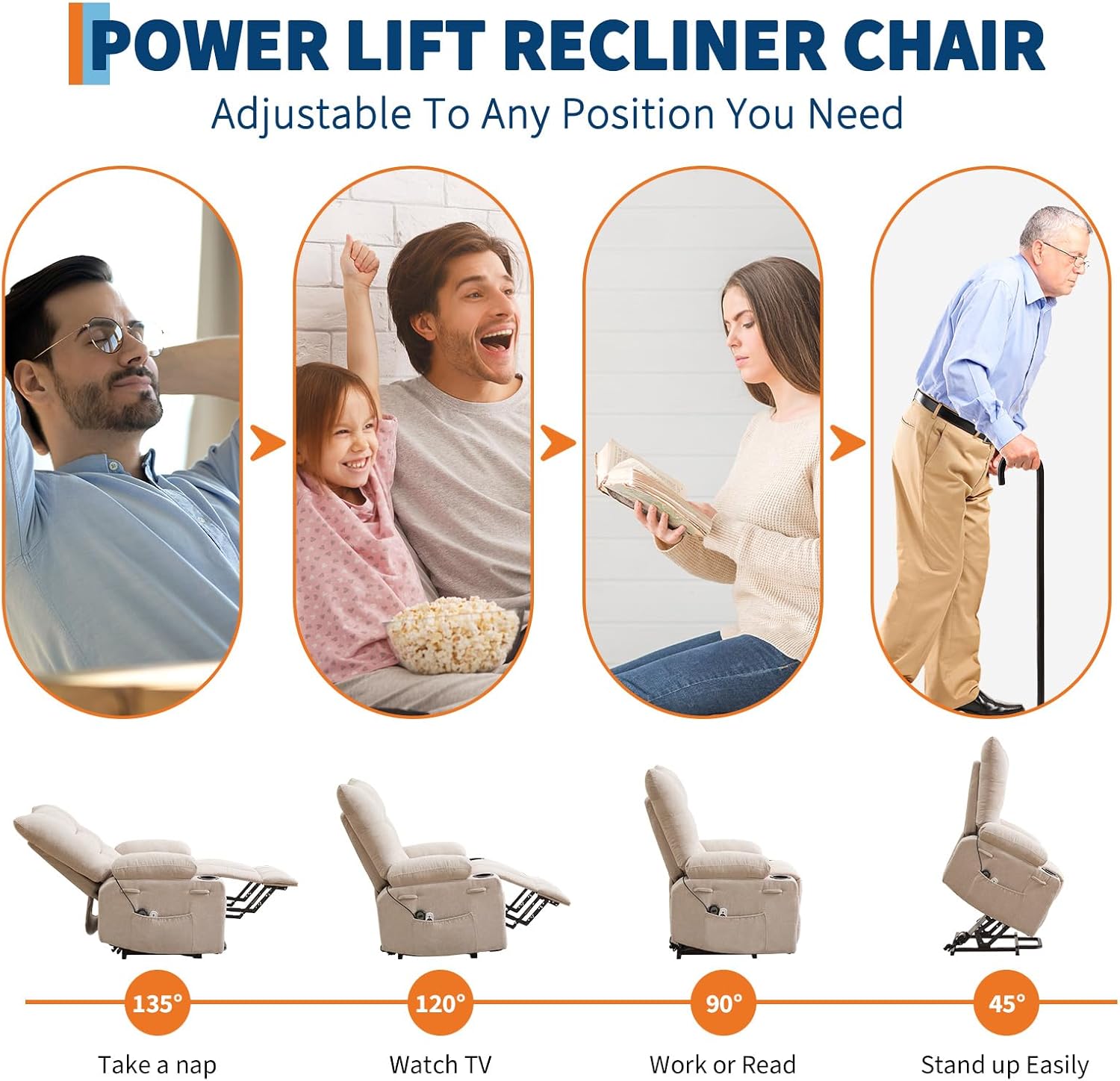 Power Lift Recliner Chair for Elderly,Oversized, 45° Assist Stand, Cup Holders & Side Pocket, Comfortable Upholstery,Perfect for Living Room or Bedroom,Linen Beige