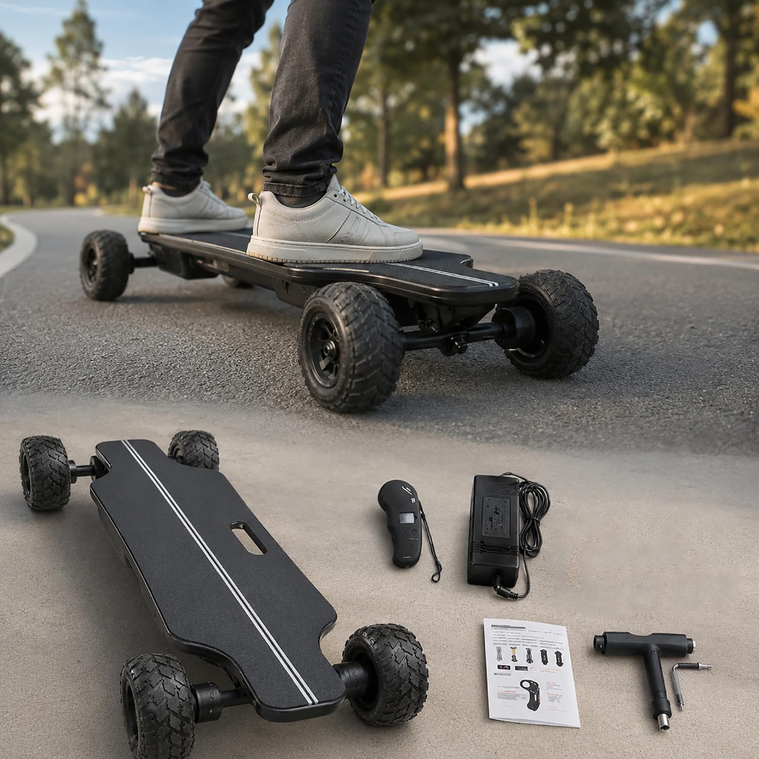 Nuovo Skateboard Elettrico 105MM Grandi Ruote per Adulti con Telecomando LCD, Doppia Trasmissione, Lunga Distanza, Campus, Percorsi Parco e Divertimento Outdoor
