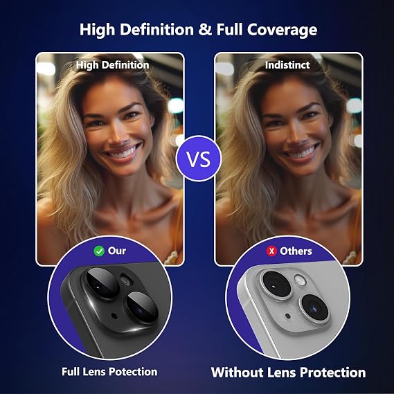 for iPhone 15/iPhone15 Plus/iPhone 14/iPhone 14 Plus Camera Lens Protector, Tempered Glass Cover Screen Camera Lens Protector,Metal Ring Scratch Resist, Case Friendly (Black Titanium)