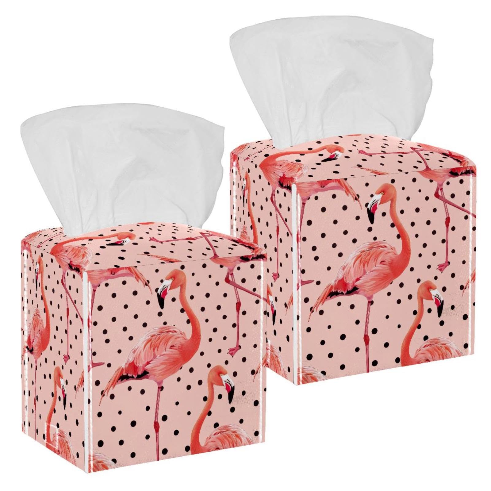 Flamingo Tissue Box Cover, 2 Pack PU Leather Square Facial Tissue Dispenser Box holder for Home Office Car