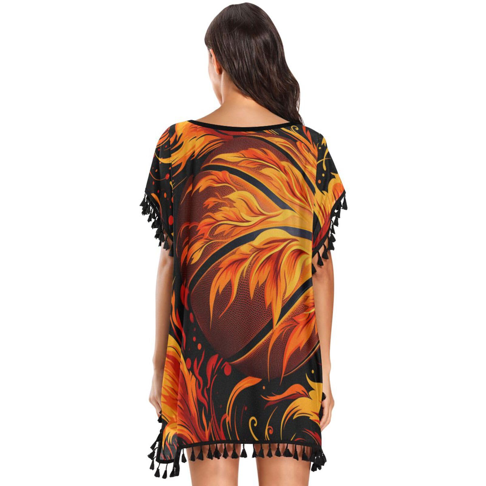 Watercolor Fire Basketball Art Women's Beach Cover Up Chiffon Tassel Swimwear Swimsuit Coverups for Girl