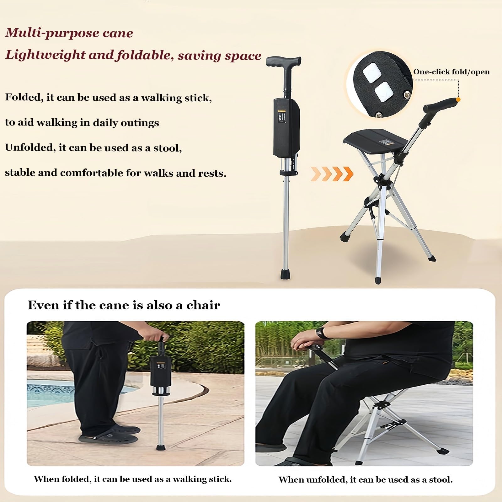 Bastón Plegable Y Ligero De 3 Patas con Asiento Ideal para Caminar Y Disfrutar De Deportes Al Aire Libre para Personas Mayores Y Adultos