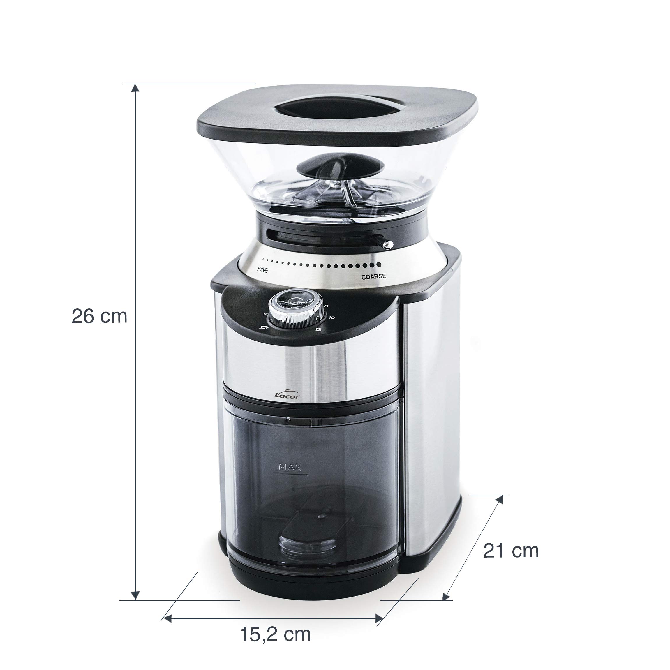 Lacor - 69485 - Moulin à Café Electrique Kaldi, Plaques Cônes en Acier Inoxydable, 200 W, 19 Niveaux de Moulure, avec Cuillère et brosse, Capacité 200 g, 1-12 tasses, Verrouillage de Sécurité, Noir