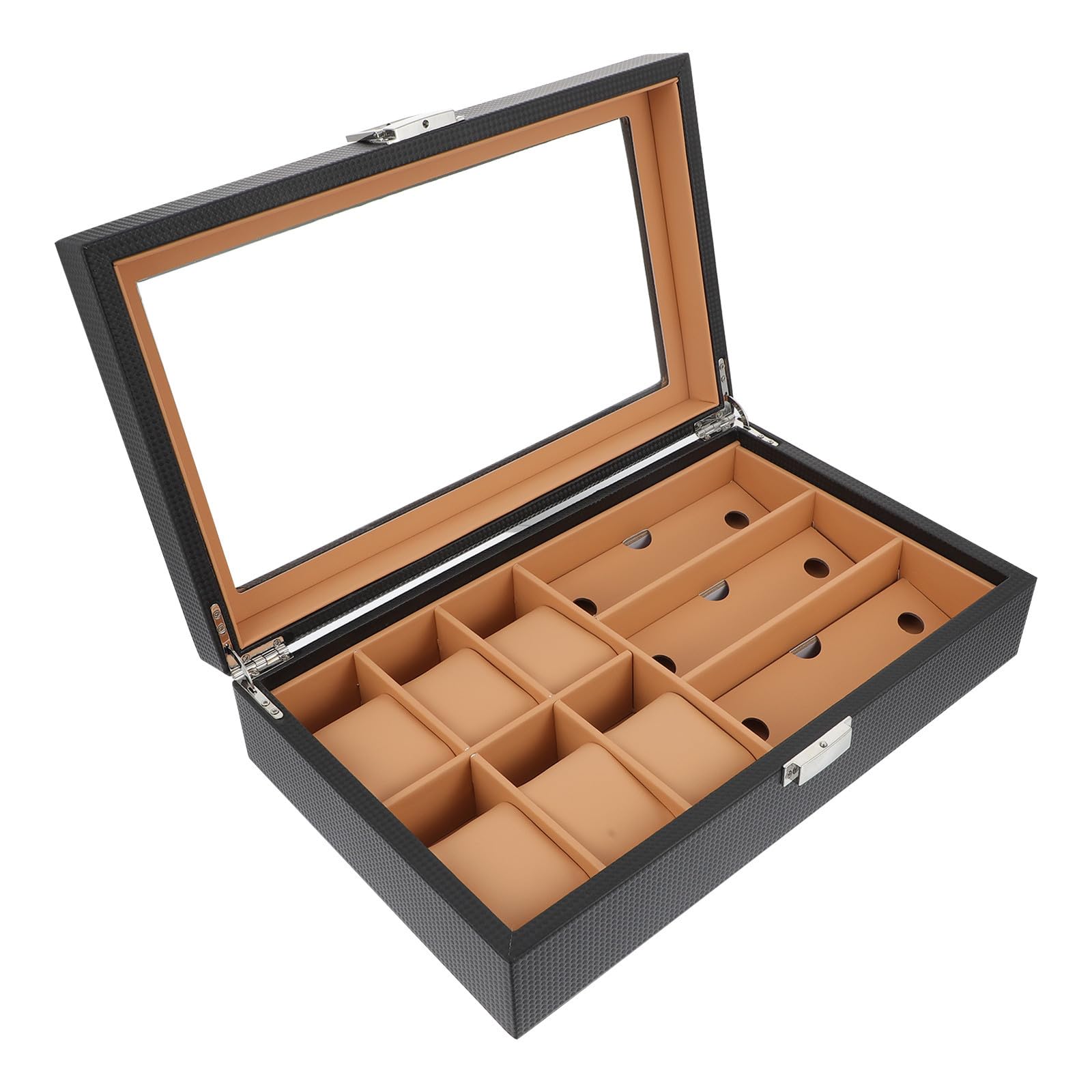 Uhrenvitrine mit 6 Fächern und 3 Brillenfächern, Holz PU