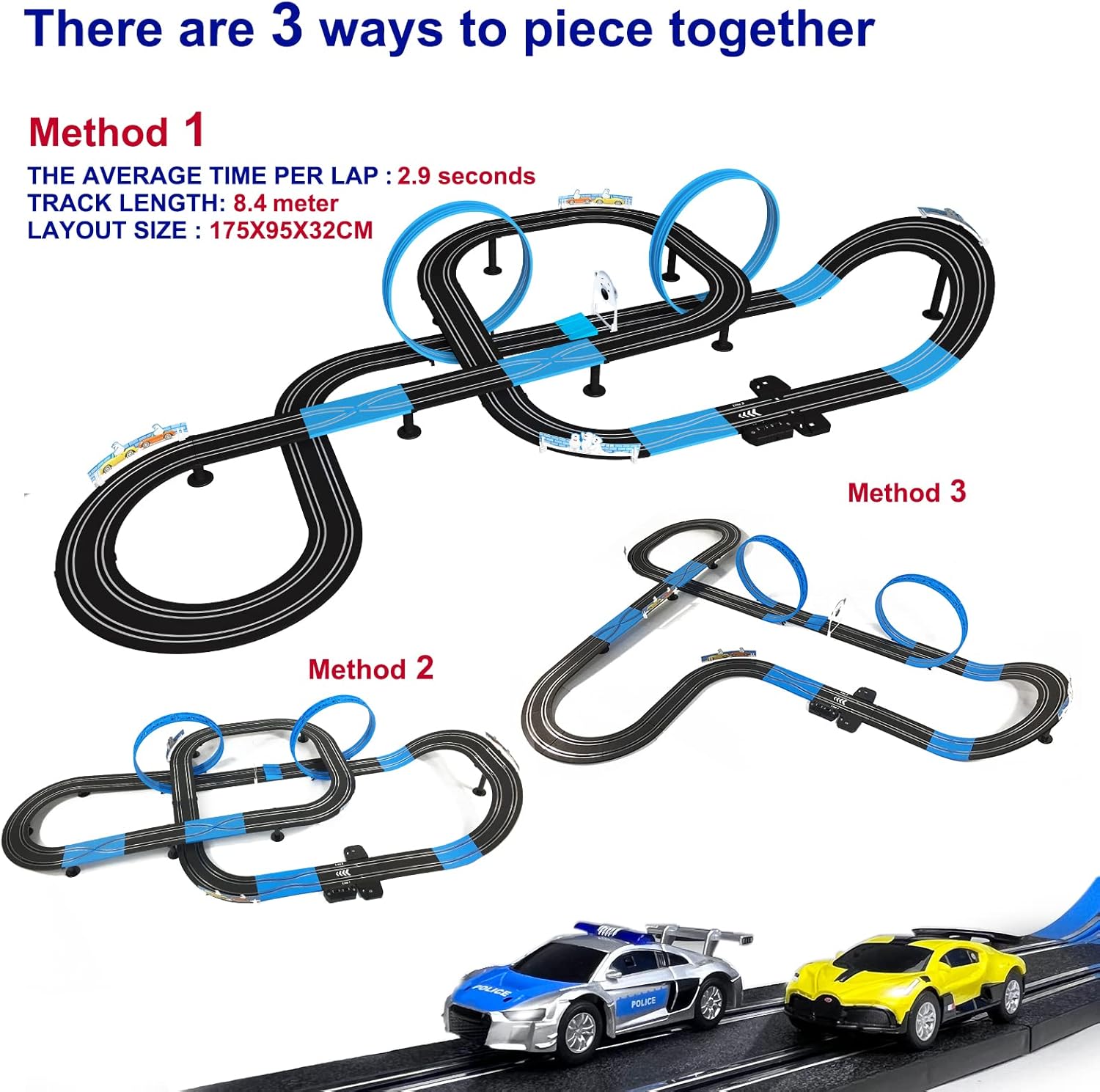 Three different track layout configurations for the slot car set.