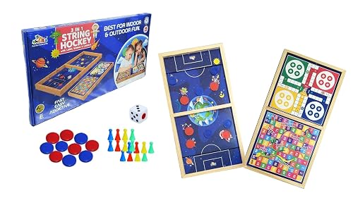 BKDT Marketing 3in1 String Hockey with Ludo, Snakes & Ladders Wooden Board Game - Fastest Finger First Sling Puck Slingo Board Game - Birthday/Return Gifts