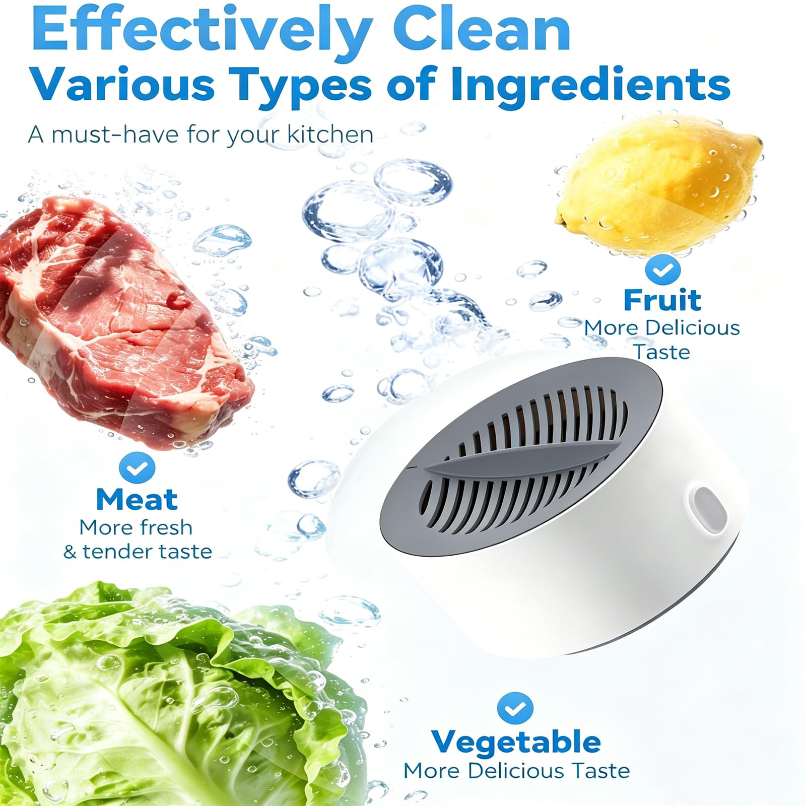 Purificador electrolítico de alimentos, limpiador portátil de frutas y verduras para limpieza profunda de 3 minutos, limpiador de productos recargable para frutas, verduras y carne