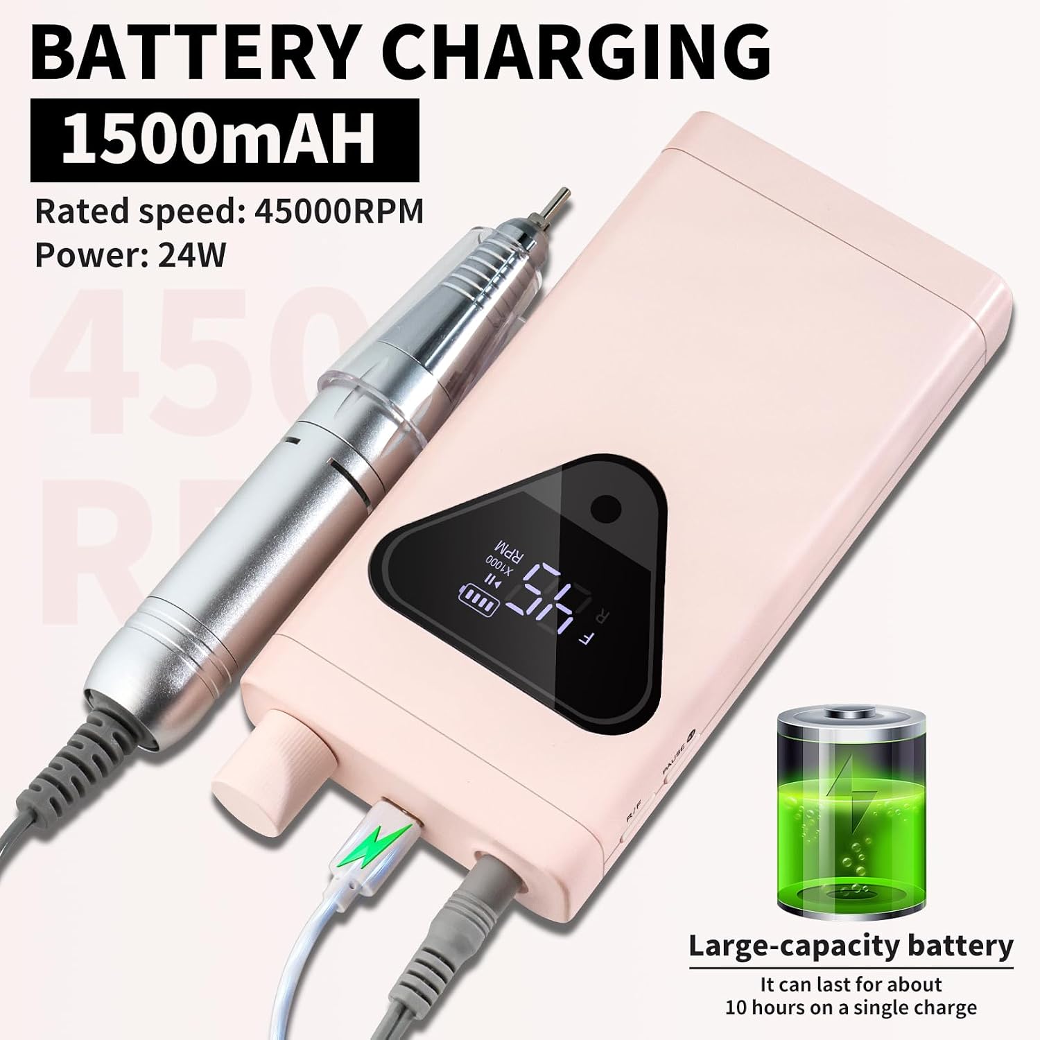 Professional Cordless Nail Drill Kits 45000RPM Electric Nail File for Acrylic Nails Removing and Polishing Gel Nails Lightweight and Easy to Use Ideal for Home and Salon Manicure Pedicure (Pink)