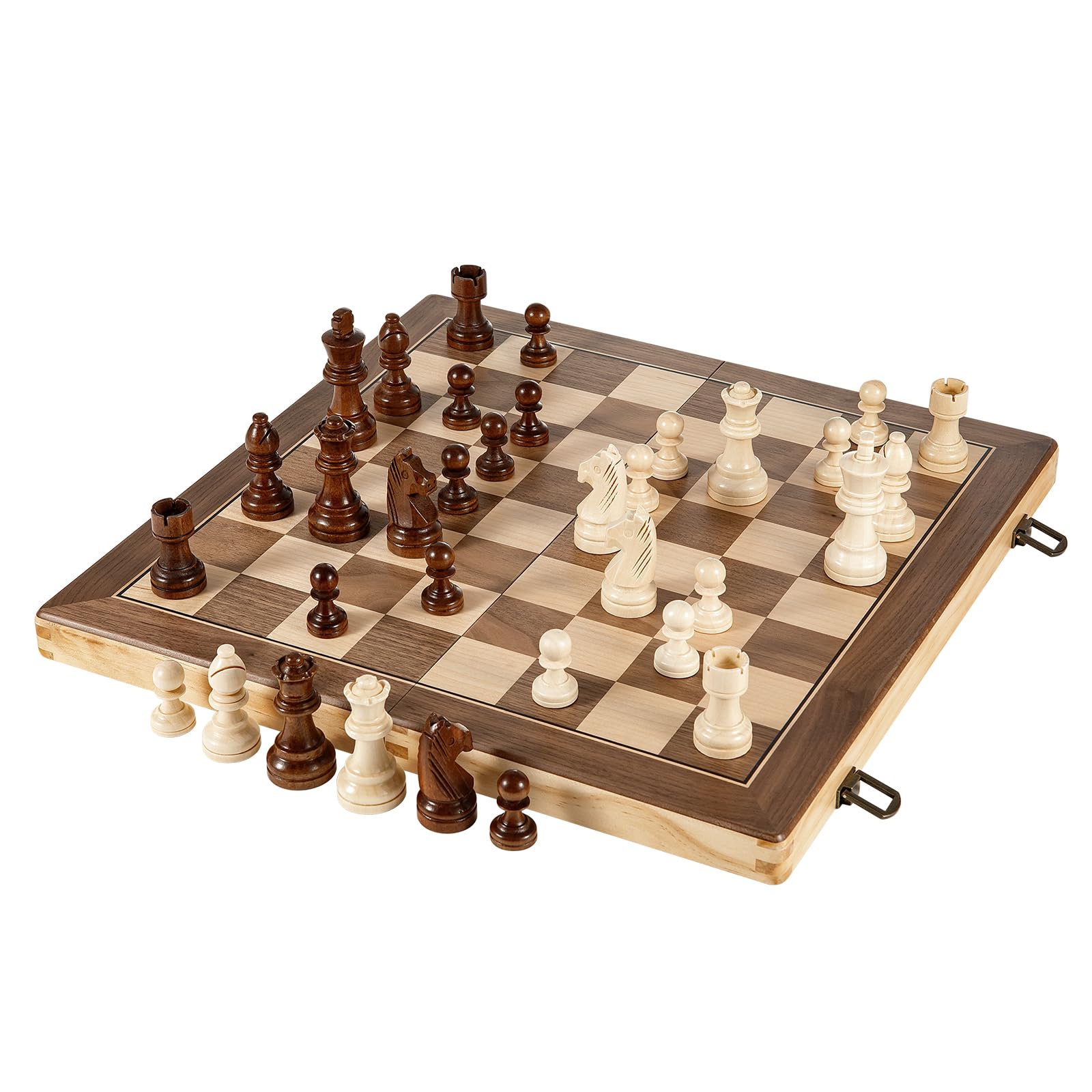 Schachspiel 38x38 cm Magnetisch Holz, Schachbrett Holz, 2-in-1 Schach & Dame, Reiseschach für Erwachsene und Kinder, Klappbares Schachspiel