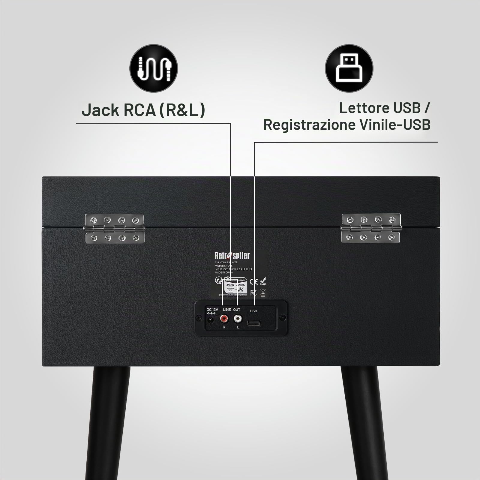 Giradischi Bluetooth 3 Velocità con Altoparlanti Integrati e Gambe Staccabili, Riproduzione USB, Nero