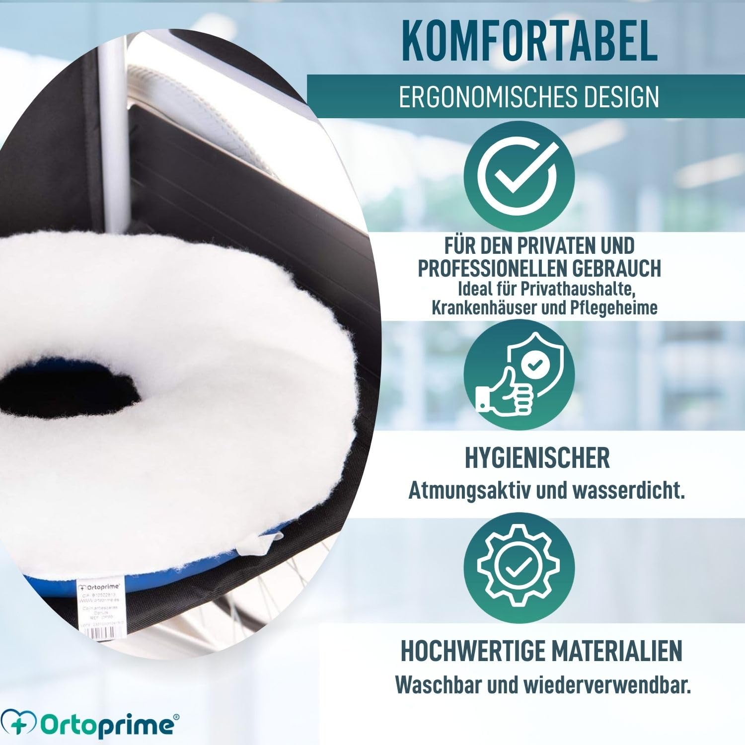 OrtoPrime Dekubitus Sitzkissen rund mit Aussparung - Antidekubitus Sitzring als Rollstuhlkissen - Ergonomisches Kissen für Rollstuhl - Büro - Auto - Zuhause
