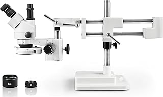 Vision Scientific VS-5FZ-IFR07 Simul-Focal Trinocular Zoom Stereo Microscope,10x WF Eyepiece,0.7X-4.5X Zoom,3.5X—90x Magnification,0.5X & 2X Auxiliary Lens, Double Arm Boom Stand, 144-LED Ring Light