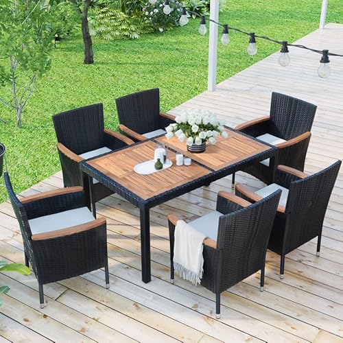 Panana 7 Piece Patio Rattan Dining Set, Wicker Garden Table and Stackable Chairs Set with Wood Table Top, Removable Cushions Balcony, Backyard, Poolside Outdoor