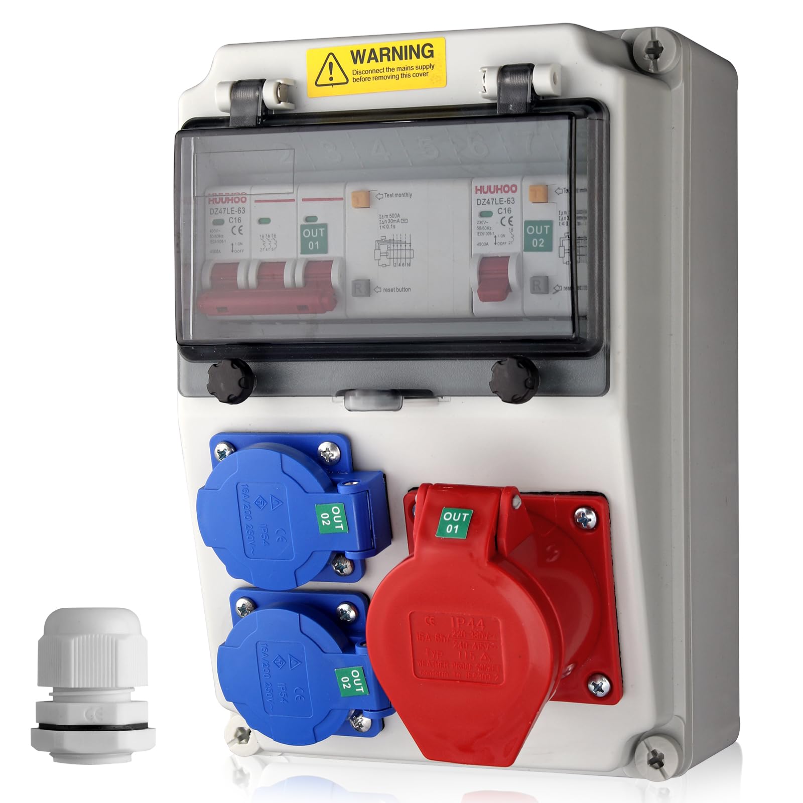 EYPINS Baustromverteiler mit LS+FI, Wandverteiler 2x 230V Schuko-, 1x CEE-Steckdose 16A Stromverteiler IP66 Wasserdicht, flammhemmende ABS Verteiler für Innen und Außen Werkstätten Fabriken