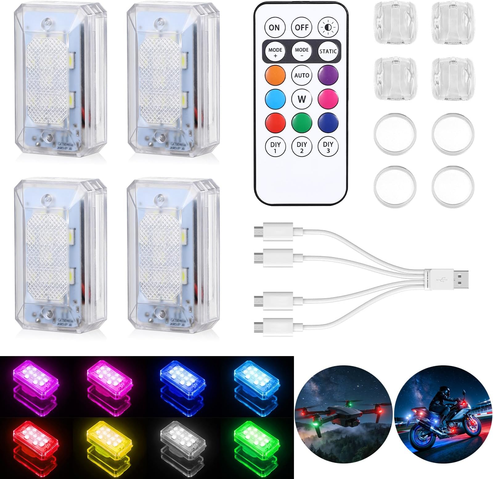 2026 Upgraded 11LEDs Wireless LED Strobe Lights, Ultra Bright 8 Colors Aircraft Strobe Lights with Remote, IP65 Waterproof Anti-Collision Warning Light for Motorcycle Bike Car Drone RV - 4PCS