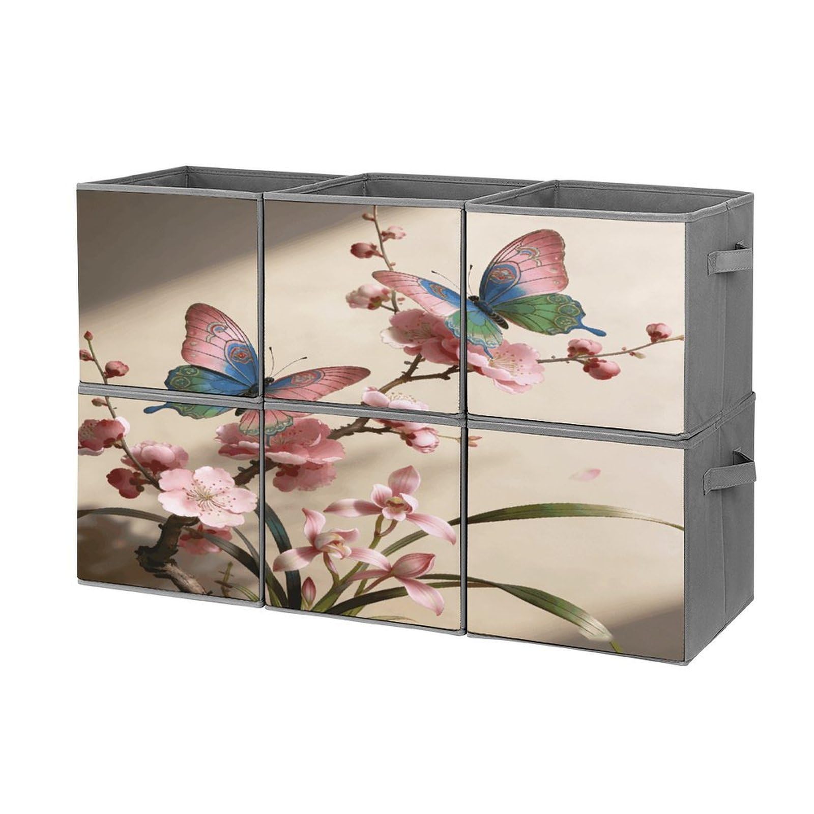 Fodpand Style Butterfly Perches On The Spring Branch. Cube Bins With Double Handles,Set Of 6 Cube Organizer, Stackable And Foldable Storage Bins For Organization, Closet, Shelves, Offices