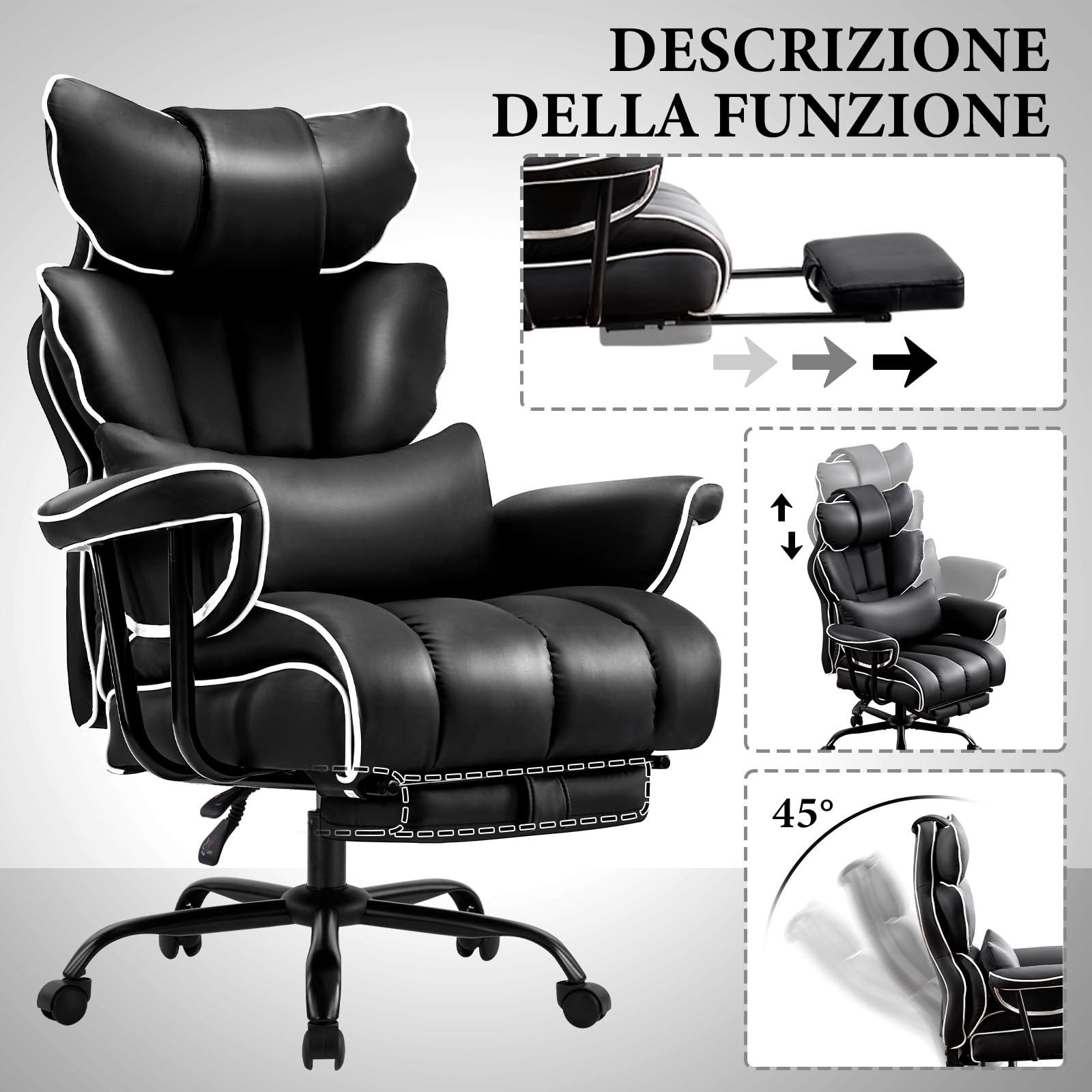 Sedia Ufficio Ergonomica, Poltrona Direzionale in Pelle PU, Sedia Gaming con Poggiapiedi e Supporto Lombare, Sedia da Ufficio Reclinabile Girevoli Altezza Regolabile 200kg (Nero)