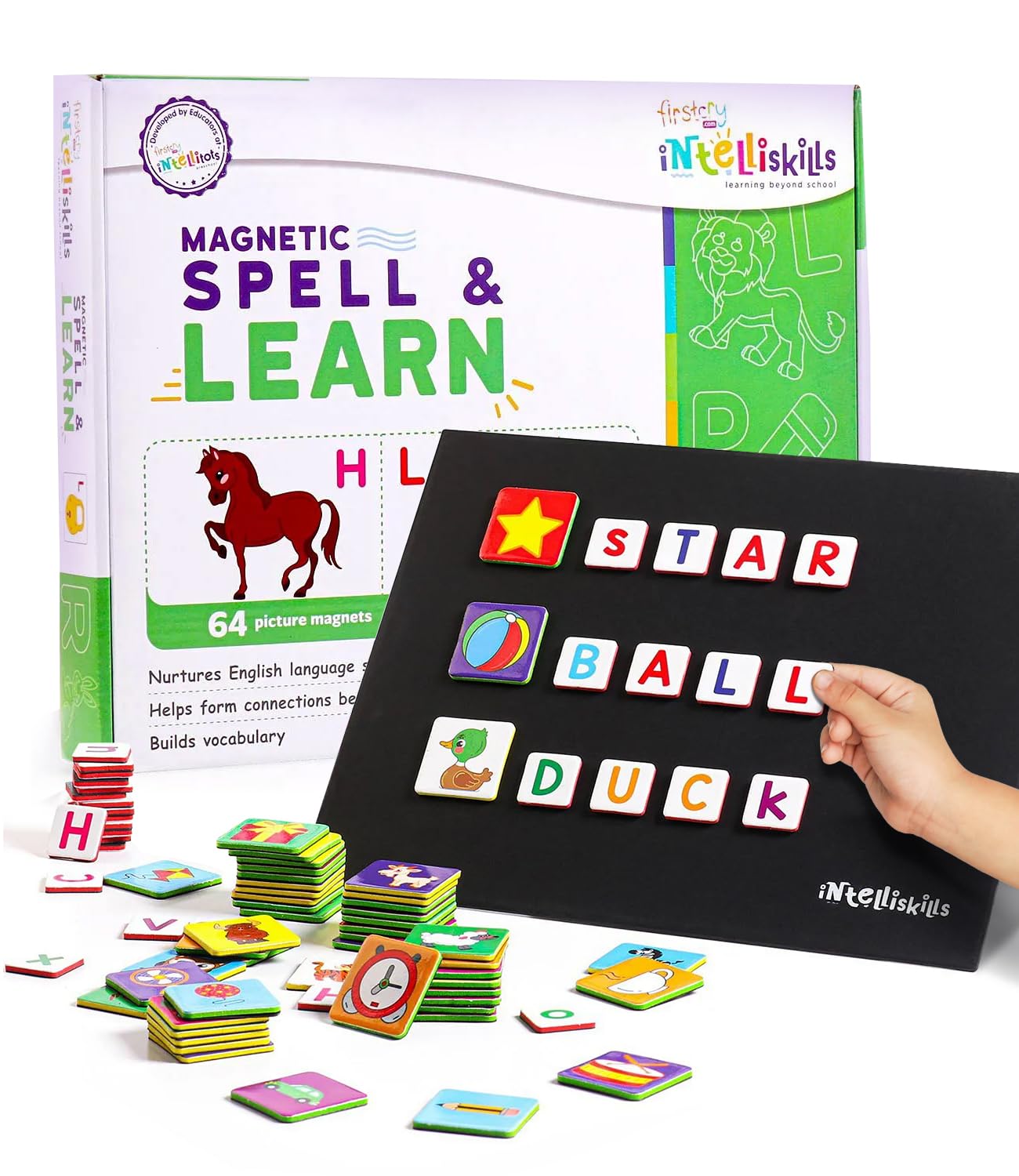 Intelliskills Premium Magnetic Spell&Learn Board for Kids-62 Pictures&144 Alphabet Magnets,Learning Toys for Kids,Magnetic Alphabets for Kids, Educational Toy for 3+ Year Old, Spelling Game for Kids