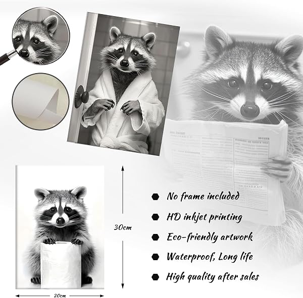 3er Set Lustiges Schwarz-Weiß Tier Leinwand–Niedliche Katzen, Ottern & Waschbären Motive-Humorvolles Kunstdruck Dekobild für Bad Toilette Waschraum Deko-Ungerahmt (Waschbär, 3x20x30cm, Ungerahmt) - 3