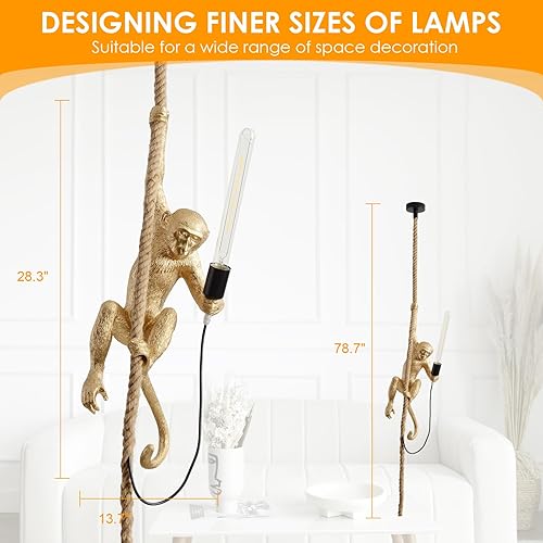 Miniatura 3 de Lámpara industrial colgante de resina con cuerda de cáñamo y figura de mono, vintage retro, base E26 Edison, para comedor, sala de estar,