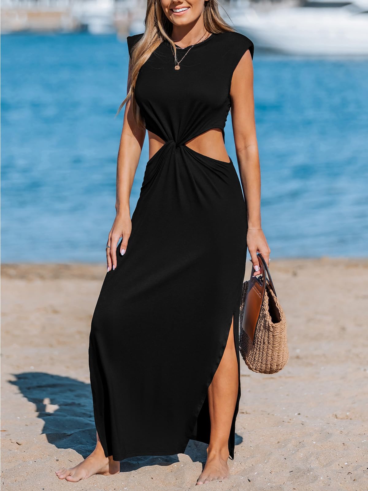 CUPSHE Vestido largo de verano para mujer, sin mangas, con abertura lateral, informal, con hombros acolchados