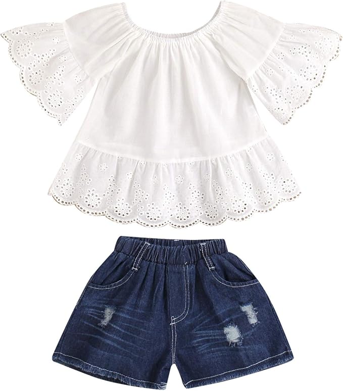 YCYU Set di vestiti per neonata e bambina, a maniche lunghe, in pizzo,  colore blu, con pantaloni in jeans strappati : Amazon.it: Abbigliamento