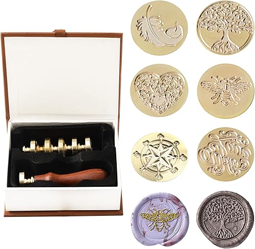 Ailtuer - Juego de 6 sellos de cera de sellado de la serie Plant + 1 empuñadura de madera, kit de sellos de cera vintage con caja de regalo (árbol